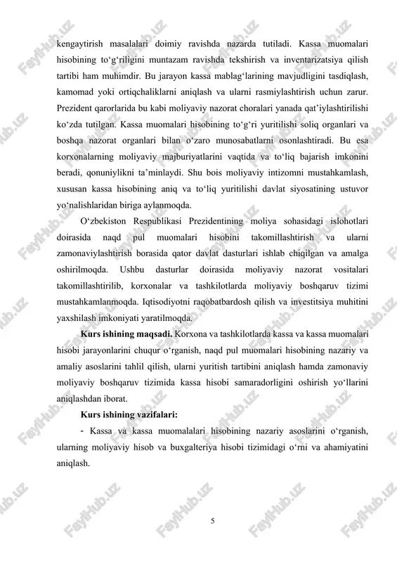 kamchiliklar va ularning sabablarini aniqlash. · kassa va kassa muomalari hisobini yanada samarali tashkil etish uchun taklif va tavsiyalar ishlab chiqish. · moliyaviy intizomni mustahkamlashda va moliyaviy nazorat tizimini takomillashtirishda kassa hisobining o‘rni va ahamiyatini tadqiq etish. kurs ishining predmeti. bu kassa va kassa muomalari hisobining nazariy va amaliy jihatlari, ya’ni korxona va tashkilotlarda naqd pul muomalari jarayoni, kassa hisobini yuritish tartibi, naqd pul oqimlarini boshqarish, hamda ushbu jarayonda yuzaga keladigan muammolar va ularni hal qilish usullari hisoblanadi. kurs ishining obyekti. bu korxona va tashkilotlarda amalga oshiriladigan naqd pul muomalari jarayoni, ya’ni kassa operatsiyalari, pul mablag‘larining qabul qilinishi va sarflanishi, shuningdek, ushbu jarayonlarni hujjatlashtirish va hisobga olish tizimidir. kurs ishining tuzilishi: kirish, 2 ta bob, umumiy xulosa va foydalanilgan adabiyotlar ro‘yxatidan iborat. i-bo’lim. kassa muomalalarining nazariy asoslari 1.1. kassa tushunchasi va uning iqtisodiy mohiyati kassa – bu korxona, tashkilot yoki boshqa xo‘jalik yurituvchi subyektlarning naqd pul mablag‘larini saqlash, qabul qilish …