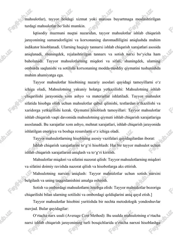 iy holatini to‘g‘ri aks ettirish zarur. tayyor mahsulotlar hisobining samaradorligini oshirish uchun avtomatlashtirish tizimlari, masalan erp tizimlarini joriy qilish muhim ahamiyat kasb etadi. shuningdek, yangi texnologiyalar va metodologiyalarni qo‘llash, ishlab chiqarish jarayonlarini optimallashtirish va mahsulot sifatini oshirishga xizmat qiladi. bu korxonalarda soliqlarni optimallashtirish va moliyaviy majburiyatlarni samarali boshqarish imkoniyatlarini yaratadi. ayniqsa, raqamli transformatsiya va zamonaviy avtomatlashtirish vositalari yordamida tayyor mahsulotlarni hisobga olishning to‘g‘ri tashkil etilishi korxonaning barqarorligini ta’minlashda hamda iqtisodiy resurslarni samarali boshqarishda muhim hisoblanadi. shu bilan birga, bu jarayon ichki audit va tashqi nazorat jarayonlarini osonlashtiradi hamda soliq hisobotlarining haqqoniyligini ta’minlashga xizmat qiladi. davr talablariga mos ravishda tayyor mahsulotlar hisobi sohasida malakali muhandislar va mutaxassislar tomonidan zamonaviy texnologiya va dasturlar, masalan, 1c:enterprise erp tizimi qo‘llanilishi ish samaradorligini sezilarli darajada oshirishga yordam beradi. bu esa o‘z navbatida korxonalarga mahsulot tannarxini pasaytirish va raqobatbardoshligini oshirish imkonini yaratadi. 1.2 tayyor mahsulotlar hisobining vazifalari va ahamiyati tayyor mahsulotlar hisobining asosiy vazifasi — ishlab …