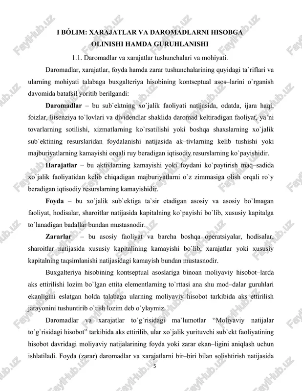 cha xarajatlar yuzaga keladi. shu sababli moliyaviy natijalar to`g`risidagi hisobotda asosiy faoliyat bo`yicha uchta element o`z aksini topadi: mahsulot sotishdan yalpi foyda; sotilgan mahsulot tannarxi; operatsion xarajatlar. “moliyaviy natijalar to`g`risidagi hisobot” shaklida daromadlarni aks ettiruvchi dastlabki ko`rsatkich – bu mahsulot (yoki tovarlar) sotishdan (xizmatlar ko`rsatish, ishlar bajarishdan) yalpi tushumlardir. hisobotning bo` ko`rsatkichi mahsulot sotishdan yalpi tushumdan tovarlarning qaytarilishi vaxaridorlarga berilgan chegirmalarni ayirib yuborish orqali aniqlanadi. daromadlar tushunchasining ta`rifiga mos ravishda bu satr orqali asosiy faoliyat natijasida olingan tushum aks ettiriladi. “moliyaviy natijalar to`g`risidagi hisobot” shaklida xarajatlarni aks ettiruvchi dastlabki ko`rsatkich – bu sotilgan mahsulotlar (tovarlar, ko`rsatilgan xizmatlar, bajarilgan ishlar) tannarxi bo`lib, bu ko`rsatkich sotilgan mahsulotlar (tovarlar yoki ko`rsatilgan hizmatlar, bajarilgan ishlar) uchun ishlab chiqaruvchi tomonidan qilingan xarajatlarni anglatadi. mahsulot sotishdan olingan yalpi tushumso`mmasidan sotilgan mahsulot tannarxiso`mmasini chegirib yuborilsa, mahsulot sotishdan yalpi foyda (zarar) ko`rsatqichi kelib chiqadi. bu ko`rsatkich ijobiy bo`lishi uchun sotuvchi o`z mahsu–lotini uni ishlab chiqarish uchun ketgan xarajatlarga …
