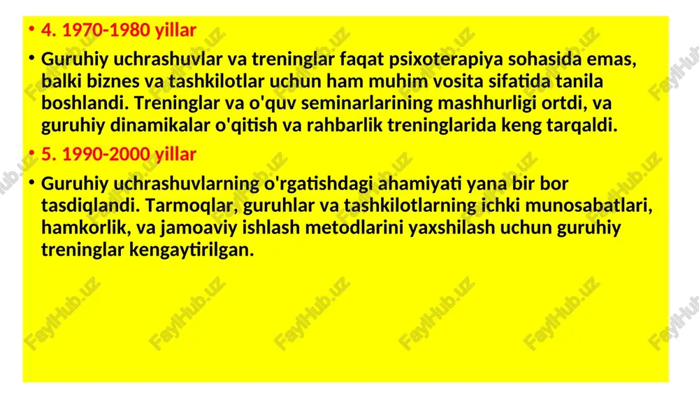 adi. bu usul shaxsiy va guruh darajasida o'zgarishlarni yuzaga keltiradi. treninglar uchun amaliy maslahatlar: guruhning tuzilishini o'rganing: guruh ichidagi ijtimoiy dinamikalarni tushunish muhim. guruh ichidagi rollarni aniqlash, o'zaro munosabatlarni boshqarish va har bir ishtirokchining o'ziga xos ehtiyojlarini hisobga olish kerak. uchrashuvlar va treninglarni rejalashtirish: treningni boshlashdan oldin, maqsadlaringizni aniq belgilang. treninglar ko'proq interaktiv, o'yinlarga asoslangan yoki kooperativ faoliyatlarni o'z ichiga olishi mumkin. muammolarni hal qilish: guruh ichidagi nizolarni hal qilish uchun samarali usullarni ishlab chiqing, chunki guruhlar ko'pincha turli fikrlar va nuqtai nazarlar orasida qarama-qarshiliklarga duch keladi. tashkiliy qobiliyatlar: guruhiy treninglarni o’tkazish uchun yetarli resurslar, vaqt va ma'lumotlarni tayyorlash kerak. trening jarayonida ishtirokchilarga doimo faol ishtirok etishga imkon yaratish kerak. ko'pchilik mualliflar guruh rivojlanish jarayonida kamida to'rtta asosiy bosqichning mavjudligini ajratib ko'rsatishadi. 1. yo'nalish berish va bog’liqlik bosqichi. ishtirokchilarning diqqati vaziyatga yo'naltirilgan, bir-biriga va rahbarga qaratilgan bo’ladi. aksariyat ishtirokchilar trening jarayonida bir –birlariga nisbatan shubha bilan qarashi va o’zining himoyalanganlik …