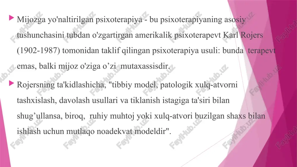 b hisoblaydi. har bir inson so'roviga qarab turli sohalarga qiziqishi mumkin: yo'nalish ilova mohiyati maqsadga yo'naltirilgan psixosomatik kasalliklar bilan ishlaydi buzilishlarning hissiy sabablarini inkor etish bilan ishlash. terapiya jarayonidan qochish yoki qarshilik ko'rsatish bilan qarama-qarshilik tajribali hissiyotlar bilan ishlaydi mijozning tajribasi sifatiga e'tibor qarating: u jarayon davomida o'ylash uchun vaqt oladimi protsessual- tajribali muammoli tajribalar bilan ishlaydi muammoli "hissiy naqshlar" bilan ishlash - psixikada mustahkamlanib qolgan boshqalarga nisbatan munosabat, his-tuyg'ular, fikrlar to'plami. asosiy asosiy mijozga yo’naltirilgan terapiya sifatida barcha holatlar bilan ishlaydi mijozga yo’naltirilgan terapiyaning barcha asosiy tamoyillariga muvofiqligi. terapevt direktiv emas va shaxsiy talqin yoki mulohazalarni taklif qilmaydi. mijozning o'ziga e'tibor qarating fokuslash - yo'naltirilgan tananing atrof-muhit bilan aloqasi va tana tajribalariga e'tibor qarating. fokuslash usullari qo'llaniladi, jarayon mutaxassis tomonidan yo'naltirishni nazarda tutadi mijozlarga yo'naltirilgan psixoterapevtlar -myt ning turli tarmoqlaridan turli xil texnika va yondashuvlarni birlashtirishi mumkin. terapiya mashg'ulotlaridan nimani kutish kerak mijozga yo'naltirilgan terapevt uchun inson o'zini qanday …