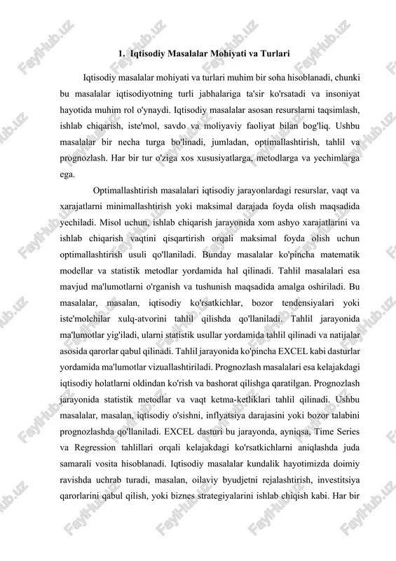 qroq ko‘rsatishlari mumkin. excel dasturi, shuningdek, moliyaviy modellash va statistik tahlil uchun juda foydali. foydalanuvchilar excelda statistik funksiyalar yordamida ma'lumotlarni tahlil qilishi va kelajakdagi ko‘rsatkichlarni bashorat qilish uchun turli xil metodlarni qo‘llashi mumkin. ushbu jarayon, ayniqsa, iqtisodiy prognozlar ishlab chiqishda muhim o‘rin tutadi. excelda what-if analizlari, masalan, senariy menejeri yoki ma'lumotlar jadvallarini yaratish orqali turli iqtisodiy shart-sharoitlarni baholash mumkin. biroq, exceldan foydalanish juda ko‘p imkoniyatlarni taqdim etsa-da, ba'zi cheklovlari ham mavjud. masalan, kattaroq ma'lumotlar to‘plamlarini boshqarishda dastur ba'zan sekinlashishi yoki ma'lumotlarga to‘g‘ri kirish qiyinlashishi mumkin. shuningdek, excelda yuqori darajadagi murakkab formulalar va funktsiyalarni qo‘llash uchun foydalanuvchilarning bilim darajasi muhim ahamiyatga ega. shunday qilib, excel dasturi iqtisodiyot sohasida masalalarni yechish uchun kuchli va samarali vosita bo‘lib, u foydalanuvchilarga iqtisodiy jarayonlarni tahlil qilish, modellashtirish va prognozlash imkoniyatlarini taqdim etadi. ushbu dastur orqali iqtisodchilar ma'lumotlardan foydalangan holda yanada aniq va ishonchli qarorlar qabul qilishlari mumkin. 3.excel funksiyalari ordamida iqtisodiy hisob-kitoblar excel funksiyalari yordamida …