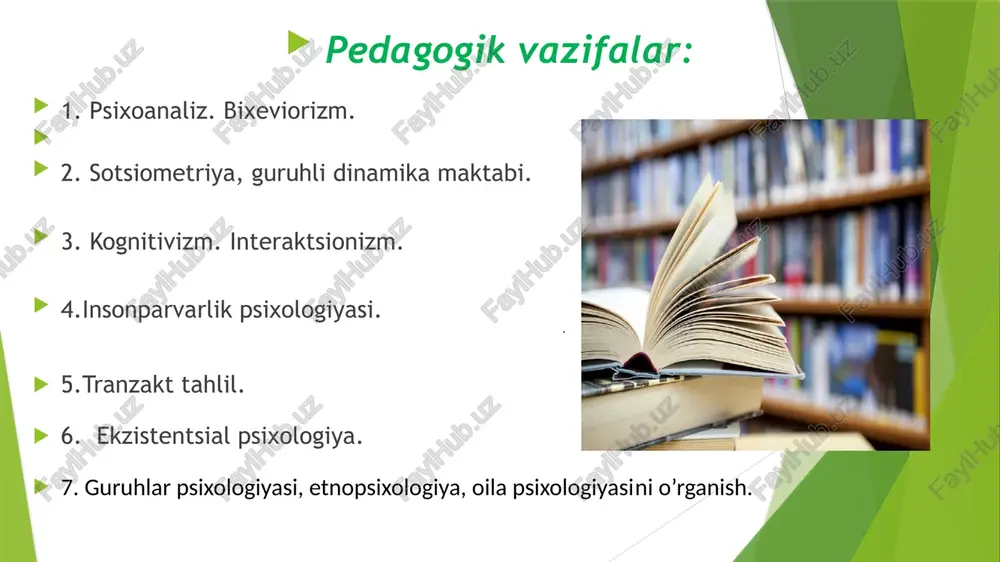 t.sarbinning rollar nazariyasi, sotsial o’zaro hamkorlikning mikrojarayonlari, sotsial faoliyat muhiti o’rganilgan. shaxs bir tomondan, avtonom tizim tarzida mustaqil impulsiv xulq-atvor sifatida namoyon bo’lsa, ikkinchi tomondan esa, tobe sotsial tizim bo’lib, atrofdagilar kutgan xulq-atvorda namoyon bo’ladi. shaxsdagi faollik ibtidosi nafaqat shaxsni, balki jamiyatni ham o’zgartirishga qodirdir. 5-o’qov topshiriq sotsial psixologiyada transakt tahlil mezonlar maks. ball guruh natijalarini baholash 1 2 3 4 5 axborotning to‘liqligi 3 b. axborotning grafik shaklda ifoda etilishi 1 b. guruhning faolligi 1 b. ballarning maksimal summasi, jami 5 b. «birgalikda o‘qiymiz» texnikasi birgalikda o‘qish: o‘quv guruhi kichik guruhlarga bo‘linadi. har bir kichik guruh o‘rganilayotgan mavzuning ma’lum bir sohasida ekspert bo‘ladi va boshqalarni o‘rgatadi. har bir guruhning maqsadi boshqa barcha guruhlar ishtirokchilari mavzu savollarini to‘la hajmda egallab olishdan iborat. «birgalikda o‘qiymiz» texnikasidan foydalangan holda guruhlarda ishni tashkil etish jarayonining tuzilishi 1. bilim darajasiga qarab 3-5 kishidan iborat bo‘lgan har xil turdagi guruhlar tuziladi.  2. har bir …