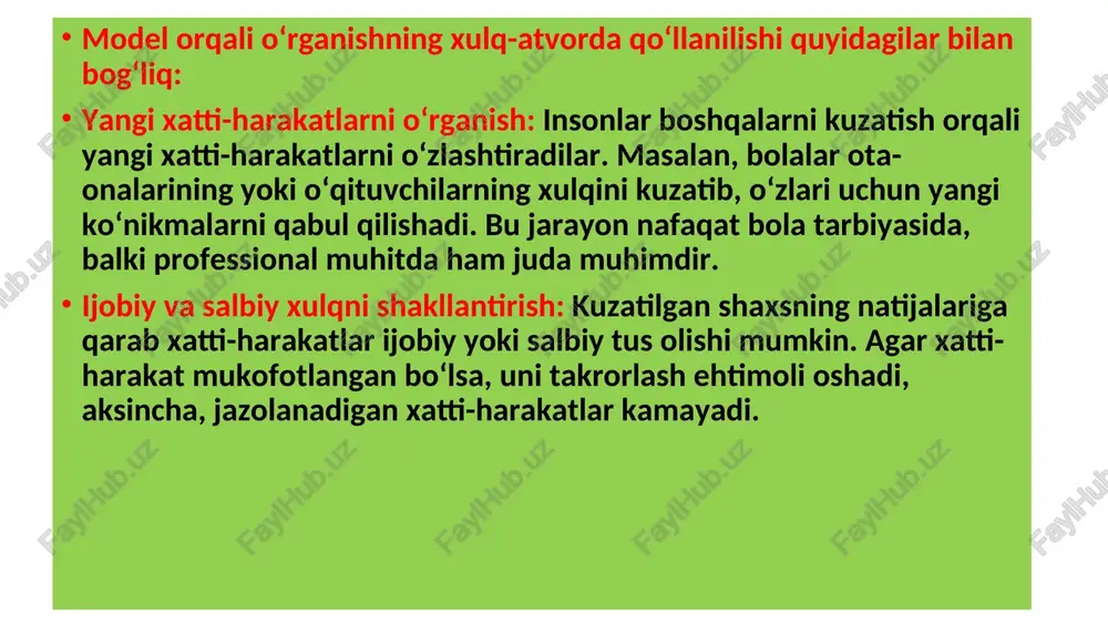 ama o‘quvchilarga aversiv shartlantirishning mohiyatini tushuntiring: misol: bolaga ishora qilish va barmog‘ini pechkaga tekkizmaslikni o‘rgatish. bir marta issiq narsaga tegib, achishish (aversiv tajriba) sababli bolada bu harakatdan qochish refleksi rivojlanadi. muhokama savoli: qanday vaziyatlarda aversiv shartlantirish samarali va qaysi hollarda u zararli bo‘lishi mumkin? 2. rolli o‘yin (simulyatsiya) o‘quvchilarni kichik guruhlarga ajrating va ularga quyidagi rollarni o‘ynashni topshiring: guruh 1: “salbiy stimulusni” yaratadi (masalan, juda baland ovozli signallar). guruh 2: ushbu shartga moslashish uchun harakat qiladi (masalan, signal paydo bo‘lishidan qochish uchun muayyan harakat qilish). muammo: baland ovozning paydo bo‘lishini kamaytirish uchun qanday xatti-harakatlar foyda beradi? 3. amaliy topshiriq: kundalik hayotdan misollar topish vazifa: har bir o‘quvchi kundalik hayotda aversiv shartlantirish ishlatilgan uchta misol topadi: masalan: signal o‘chishi uchun xavfsizlik kamarini taqish. keyin guruhda bu misollarni muhokama qilishadi va samaradorligini baholaydilar. 4. “yaxshi yoki zararli?” munozarasi vazifa: ikkita jamoa tashkil etiladi: biri aversiv shartlantirishning ijobiy tomonlarini himoya qiladi. ikkinchisi esa …