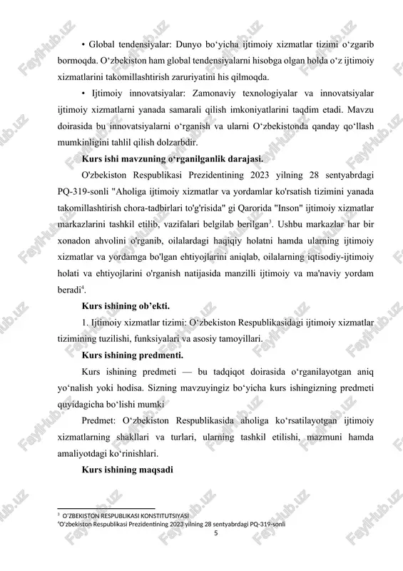 pleks yondashuv asosida ko‘rsatish, aholi og‘ir ijtimoiy ahvolga tushib qolishining oldini olish, shuningdek, ijtimoiy himoyaning manzilliligi va samaradorligini oshirish hamda aholining ko‘makka muhtoj qatlami ijtimoiylashuvini ta’minlash maqsadida: 1. 2023 yil 15 oktyabrdan boshlab 1-ilovaga muvofiq dastlab 28 ta tuman (shahar)larda eksperiment tariqasida o‘zbekiston respublikasi prezidenti huzuridagi ijtimoiy himoya milliy agentligining (keyingi o‘rinlarda – agentlik) “inson” ijtimoiy xizmatlar markazlari va ijtimoiy xodimlar guruhlari ko‘rsatadigan ijtimoiy xizmatlar va yordamlarning yangi tizimi yo‘lga qo‘yilsin[footnoteref:5] [5: o‘zbekiston respublikasi prezidenti huzuridagi ijtimoiy himoya milliy agentligining (keyingi o‘rinlarda – agentlik) “inson” ijtimoiy xizmatlar markazlari] 2. quyidagilar tuman (shahar)lardagi “inson” ijtimoiy xizmatlar markazlaridagi ijtimoiy xodimlar guruhlari (keyingi o‘rinlarda – ijtimoiy xodimlar)ning asosiy vazifalari va faoliyat yo‘nalishlari etib belgilansin: og‘ir ahvolga tushib qolgan va og‘ir ahvolga tushib qolish xavfi yuqori bo‘lgan shaxslar va oilalarga (keyingi o‘rinlarda – ijtimoiy himoyaga muhtoj aholi) bevosita mahalla darajasida kompleks yondashuv asosida professional ijtimoiy xizmatlar ko‘rsatish; ijtimoiy himoyaga muhtoj aholining ehtiyojlari va mavjud …