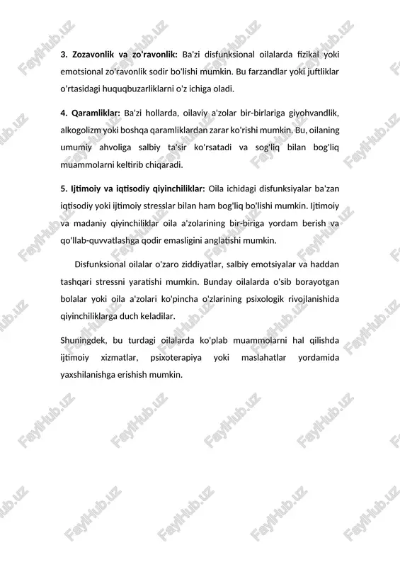 o'z a'zolariga yordam berish, qo'llab-quvvatlash, o'zaro ishonch va ochiq muloqotni rivojlantirishga intilishadi. funksional oilalar quyidagi xususiyatlarga ega: 1. ijobiy muloqot: funksional oilalarda a'zolar bir-biriga ochiq va samimiy muloqot qilishadi. muammolarni muhokama qilish, fikr va his-tuyg'ularni ifodalashda erkinlik mavjud. 2. hurmat va ishonch: a'zolar o'rtasida o'zaro hurmat va ishonch yuqori darajada bo'ladi. bunda har bir a'zo o'zining va boshqalarining ehtiyojlarini tushunishga harakat qiladi. 3. o'zaro qo'llab-quvvatlash: bunday oilalarda a'zolar bir-birining muvaffaqiyatlarini nishonlaydi va qiyinchiliklar bilan kurashishda bir-birini qo'llab-quvvatlaydi. 4. mas'uliyat va ro'yxatlar: funksional oilada har bir a'zo o'zining mas'uliyatlarini yaxshi tushunadi va ularga amal qiladi. o'zaro yordam va mas'uliyat oilaning umumiy muvaffaqiyatiga hissa qo'shadi. 5. oila ichidagi muvozanat: bunday oilalarda ko'plab muammolar muvozanatli tarzda hal qilinadi. konfliktlar yuzaga kelganida, konstruktiv hal qilish usullari qo'llaniladi. disfunksional oilalar disfunksional oila – bu o'zaro hurmat, ishonch va qo'llab-quvvatlash etishmaydigan oiladir. bunday oilalarda a'zolar o'rtasida salbiy munosabatlar, nizolar va teskari munosabatlar mavjud. disfunksional oilalar quyidagi …