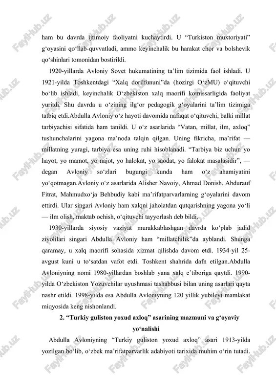 fikr yuritiladi.muallif axloqni ikki turga ajratadi: yaxshi axloq va yomon axloq. yaxshi axloqqa – to‘g‘rilik, sabr, mehr-shafqat, adolat, halollik, vatanparvarlik kabilarni kiritsa, yomon axloqqa – yolg‘on, g‘iybat, baxillik, jaholat va kibrni kiritadi. avloniy bu illatlardan qutulishning yagona yo‘li – ilm olish va tarbiya ekanini uqtiradi.asarning “ilm” bobida avloniy ilmni “hayotning chirog‘i” deb ataydi: “ilmsiz inson ko‘rdir, ilmsiz xalq o‘likdir”, – deya u xalqni ilm-fanga undaydi. unga ko‘ra, har bir xalqning baxti, qudrati va mustaqilligi ilmga bog‘liq. shu bois u maktab ochish, o‘qituvchi tayyorlash, darslik yozish ishlariga hayotining asosiy maqsadi sifatida qaraydi. “vatan” bobida esa avloniy millatparvarlik g‘oyasini ilgari suradi. u vatanni inson uchun ona kabi aziz deb biladi. “vatanini sevgan kishi haqiqiy insondir, vatansiz odam — jonsiz tanadekdir”, deydi muallif. bu g‘oya o‘sha davrda turkiston mustamlakachiligi ostida bo‘lgan xalq uchun ruhiy kuch, ozodlikka ishonch manbai bo‘lib xizmat qilgan. asarda milliy birlik va til masalalariga ham katta e’tibor qaratilgan. avloniy tilni …