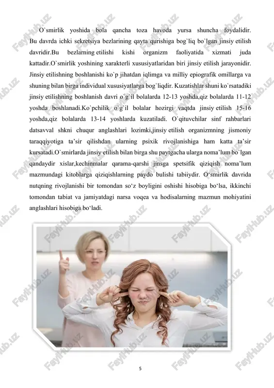 qalarga qanday ko‘rinaman?”, “hayotimning ma’nosi nima?” degan savollarni o‘ziga bera boshlaydi. bu jarayon shaxsiy identitet — ya'ni o‘zligini anglash shakllanishining bosqichidir. o‘smirlar o‘zlarini boshqalar bilan solishtiradi, ideal obrazlar yaratadi, ba'zida esa o‘zidan norozilik hissi kuchayadi. bu bosqichda noto‘g‘ri yondashuvlar, tanbeh va e’tiborsizlik ularning o‘ziga ishonchini yo‘qotishiga olib kelishi mumkin. 2. emotsional beqarorlik gormonal o‘zgarishlar natijasida o‘smirlar hissiyot jihatdan beqaror bo‘lishadi. ular tez hayajonlanadi, mayda narsalarga ranjiydi yoki quvonadi. ba’zan bu holat stress, tushkunlik, hattoki depressiya bilan kechishi mumkin. o‘smirlar o‘z holatlarini ifoda etishda qiynaladi, va bu ko‘pincha g‘azab, yig‘i, qarshilik yoki chekinish bilan namoyon bo‘ladi. shu sababli ota-onalar, ustozlar va atrofdagilar sabrli, tushunuvchi va mehribon bo‘lishlari kerak. 3. mustaqillikka intilish o‘smirlar o‘zlarini kattalardek his qilishni boshlaydilar. ular qaror qabul qilish, hayotlarini boshqarish, o‘z mustaqilligini namoyon etish istagida bo‘ladilar. bu esa ba’zan ota-onalar bilan ziddiyatlarga olib kelishi mumkin. ular “men o‘zim bilaman”, “men mustaqilman” degan fikrlar bilan yashaydilar, ammo tajriba va …