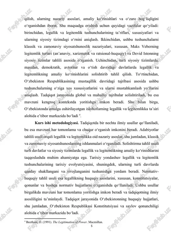 publikasi konstitutsiyasi va saylov qonunchiligi alohida e’tibor markazida bo‘ladi. kurs ishining nazariy va amaliy ahamiyati. kurs ishi nafaqat nazariy jihatdan, balki amaliy jihatdan ham muhim ahamiyatga ega. nazariy jihatdan, ushbu ish siyosiy hokimiyatning legalligi va legitemligi tushunchalarini chuqur tahlil qilish orqali siyosatshunoslik sohasidagi bilimlarni boyitishga xizmat qiladi. tadqiqot maks veber, devid iston, endryu heyvud kabi olimlarning ishlanmalariga tayangan holda ushbu tushunchalarni zamonaviy kontekstda qayta ko‘rib chiqadi. amaliy jihatdan esa, tadqiqot o‘zbekistonda davlat boshqaruvini mustahkamlash, xalq ishonchini oshirish va ijtimoiy barqarorlikni ta’minlash uchun muhim tavsiyalar beradi. xususan, o‘zbekistonda so‘nggi yillarda amalga oshirilayotgan islohotlar, jumladan, huquqiy tizimni takomillashtirish, shaffoflikni oshirish va fuqarolar ishtirokini rag‘batlantirish kabi chora-tadbirlar legallik va legitemlikni mustahkamlashga xizmat qilmoqda. tadqiqot natijalari davlat siyosatini shakllantirishda, shuningdek, siyosiy tizimning samaradorligini oshirishda foydali bo‘lishi mumkin. shu bilan birga, ushbu ish siyosatshunoslik, davlat boshqaruvi va huquq sohasidagi talabalar va tadqiqotchilar uchun muhim ilmiy manba bo‘lib xizmat qiladi. xulosa qilib aytganda, mazkur mavzu davlat …