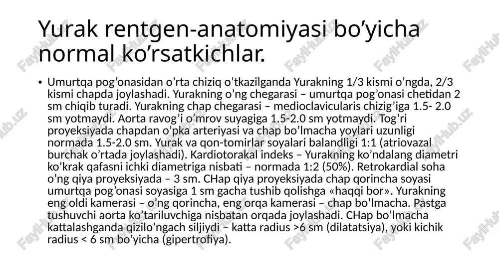 kuchaygan periferiyada susaygan - ildiz kengaygan strukturasi nogomogen - kesilgan, kuygan daraxt simptomi (ildizlar tog’risida) - olcha danagi simptomi (ildizdagi kengaygan qon tomirlarni ko’ndalang kesmasi olcha danagiga o’xshaydi 3. o’pka gipervolemiyasi (bottalo yo’li, qorincha va bo’lmacha aro defektlar) - ildiz kengaygan - o’pka surati kuchaygan yurak kasalliklarida yurakning funksional holati 1. tinch yurak – ms (yurak qisqarishi va aorta pulsatsiyasi sust) 2. gipermobil yurak – my (yurak qisqarishi chuqur) 3. taranglashgan yurak – as (amplituda chukur chastotasi kam bradikardiya, ko’tariluvchi aorta pulsatsiyasi kuchaygan) 4. raqsga tushuvchi yurak – ay (yurak qisqarishi va aorta pulsatsiyasi keskin kuchaygan) 5. koromislo simptomi – my 77 6. ildizlar o'yini – oq poroklar qon hajmi ko'p bo'lsa yurak yaxshi uradi, kengaygan kamera qon tomir pulsatsiyasi ham kuchayadi.