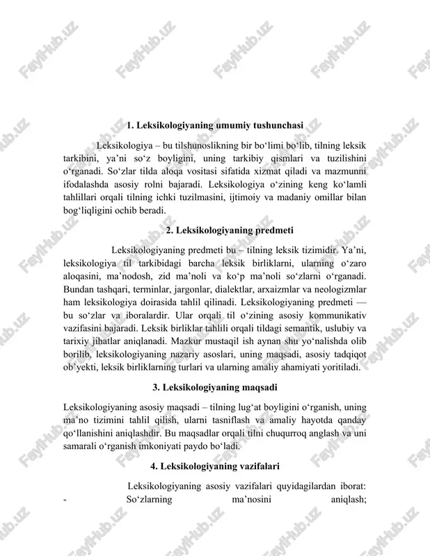 malar o‘z asarlarida so‘z boyligining o‘rganilishiga katta hissa qo‘shgan. bugungi kunda ham zamonaviy leksikologik tadqiqotlar orqali yangi so‘zlar aniqlanmoqda, lug‘atlar boyitilmoqda va til boyligi rivojlanmoqda. xulosa leksikologiya – bu nafaqat tilshunoslik fanining tarkibiy qismi, balki inson tafakkurining, dunyoni idrok etish va ifoda etish imkoniyatining o‘ziga xos tahlil maydonidir. ushbu fan orqali til boyligining ma’no jihatdan chuqurligi, ijtimoiy, tarixiy va madaniy jihatdagi o‘zgarishlari o‘rganiladi. so‘zlar insoniyat taraqqiyotining barcha bosqichlarida asosiy aloqa vositasi bo‘lib xizmat qilgan. demak, leksikologik tadqiqotlar — bu nafaqat til, balki jamiyat tarixi, madaniyati va tafakkuri haqida ham muhim ma’lumot manbaidir. tilning leksik tarkibi turlicha tabiatga ega bo‘lgan so‘zlardan iborat bo‘lib, ular orasida milliy so‘zlar, kirishma so‘zlar, terminlar, frazeologizmlar, so‘zlashuvga oid birliklar va boshqalar mavjud. leksikologiya ana shu boylikni o‘z predmetiga aylantiradi. so‘zlarning shakli va ma’nosi doimo o‘zgarib boradi, demak bu fan doimo rivojlanishda davom etadi. bugungi kunda bu o‘zgarishlar texnologik taraqqiyot, global ommaviy madaniyat, internet tilining shakllanishi, ijtimoiy …