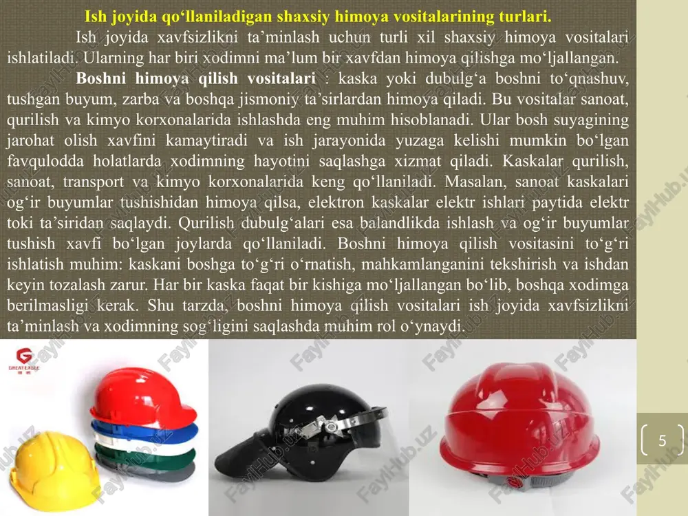 oplar, ko‘zoynaklar, respiratorlar va boshqa vositalarda yoriqlar, shikastlanishlar yoki nosozliklar mavjud bo‘lmasligi kerak. ish boshlashdan oldin vositalar toza, ishlashga tayyor va o‘lchamlarga mos ekanini tasdiqlash muhim hisoblanadi. agar vosita ishlashga yaroqsiz bo‘lsa, uni darhol almashtirish zarur. 10 uchinchidan, shhvdan foydalanish davomida to‘g‘ri kiyish va uni doimiy nazorat qilish talab etiladi. masalan, respiratorlar burun va og‘izga mahkam yopishishi, ko‘zoynaklar va vizirlar ko‘zlarni to‘liq qamrab olishi kerak. qo‘lqoplar esa ish jarayonida qo‘lni erkin harakatlantirishga imkon berishi bilan birga, uni xavfli moddalar va kesishlardan himoya qilishi shart. to‘rtinchidan, shhvni ishlatgandan keyin uni tozalash va saqlash tartibi muhim. ko‘zoynaklar, vizirlar va niqoblar har bir ish smenasi oxirida tozalanadi. qo‘lqoplar va kiyimlar, agar kerak bo‘lsa, dezinfeksiya qilinadi. kaskalar va boshqa himoya vositalari esa o‘ziga mos joyda, namlik va quyosh ta’siridan himoyalangan holda saqlanishi zarur. beshinchidan, ish beruvchi shhvdan foydalanish qoidalarini xodimlarga o‘rgatishi va nazoratni olib borishi kerak. xodimlar shhvni noto‘g‘ri ishlatmasliklari, uni vaqtida almashtirishlari va …