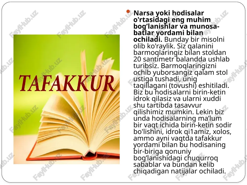 ing mohiyatini tushunishimizni nazarda tutamiz. masalan, «inson» tushunchasi nafaqat muhim umumiy, ya'ni barcha odamlarga xos bo‘lgan jihatni, balki har qanday odamning boshqa har qanday narsalardan farqini ham aks ettiradi, mazkur odamning mohiyatini tushunish esa, umuman insonning mohiyati, ya'ni inson haqidagi tushunchaning mazmunini bilishni nazarda tutadi: etiboringiz uchun tashakkur abdulaxatova zilola 17 image2.jpeg image3.jpeg image4.jpeg image5.gif image6.gif image7.gif image8.png image9.jpeg image10.jpeg /docprops/thumbnail.jpeg