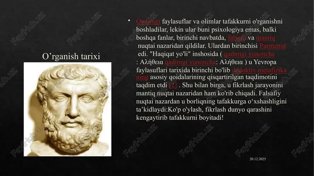 al yoki ijodiy fikrlash ijodiy fikrlashda siz dastlab aniq bo'lib tuyulgan qoidalarga savol berib, muammolarning o'ziga xos va noyob echimlarini yaratish uchun o'ynaysiz. masalan, belanchak stul juda aniq o'yinchoq turida ishlatilishi uchun "oldindan belgilab qo'yilgan" ko'rinadi, ammo bu g'oyani buzish mumkin uni ayvonda osilgan ekish uchun tayanch sifatida ishlatish. bu san'at va hunarmandchilikda keng qo'llaniladigan fikrlash turlaridan biridir. 18.04.2023 5. yumshoq fikrlash ushbu fikrlash turi foydalanish bilan tavsiflanadi juda tarqoq va noaniq chegaralarga ega tushunchalar, ko'pincha metaforava qarama-qarshiliklardan qochmaslik istagi. hozirgi kunda bu postmodern falsafa yoki psixoanaliz bilan bog'liq fikr oqimlariga juda xosdir. masalan, zigmund freyd psixoseksual rivojlanish nazariyasida foydalangan tushunchalarni tavsiflashda ushbu uslubning namunasini ko'rishingiz mumkin. 6. qattiq fikrlash qattiq fikrlashdan foydalanadi iloji boricha aniqlangan tushunchalarva qarama-qarshiliklardan qochishga harakat qiling.bu ilm-fan bilan bog'liq bo'lgan fikrlash turiga xosdir, unda ishlatilgan so'z boyligidagi ozgina nuans mutlaqo noto'g'ri xulosalarga olib kelishi mumkin va shuning uchun undan ilgarilash qiyin bo'lishi mumkin, chunki bu …