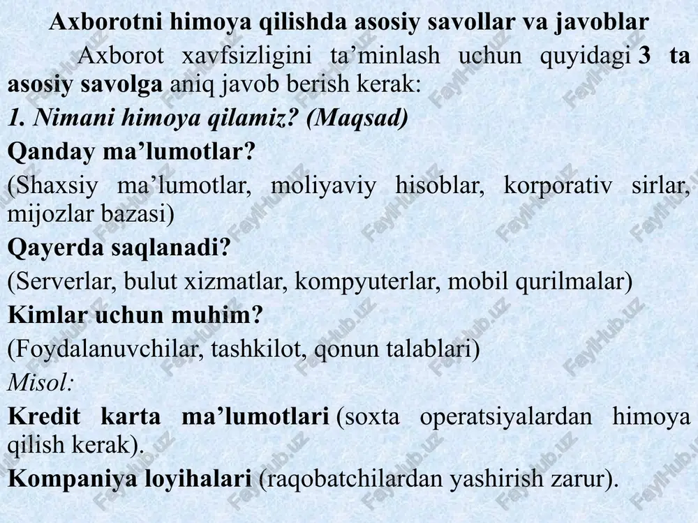 usullar axborot xavfsizligini ta'minlash faqat texnik vositalar bilan cheklanmaydi, balki tashkilot ichida ayrim tashkiliy usullarni ham joriy etish kerak: xodimlar uchun treninglar: axborot xavfsizligi bo'yicha xodimlarga doimiy treninglar o'tkazish, ular bilan xavfsizlik protokollarini muhokama qilish zarur. xodimlarning axborot xavfsizligi haqida xabardorligi tashkilotning umumiy xavfsizligini oshiradi. xavfsizlik siyosati: tashkilotda axborot xavfsizligi siyosatini ishlab chiqish va uni amalga oshirish zarur. bu siyosat barcha xodimlar tomonidan amal qilinishi kerak va unda axborot xavfsizligini ta'minlashning barcha jihatlari, jumladan, ruxsatnoma va tarmoq xavfsizligi ko'rsatiladi. ichki audit va monitoring: axborot xavfsizligi monitoringini va auditini o'tkazish orqali tizimdagi zaif joylarni aniqlash mumkin. bu amaliyot xavf-xatarlarni oldini olishga yordam beradi. favqulodda holatlarda javob berish rejalari: tizimga hujumlar yoki tabiiy ofatlar yuzaga kelganda, tegishli javob choralari va tiklash rejalari ishlab chiqilishi zarur. bu reja, ma'lumotlarni qayta tiklash, tizimni tiklash va biznes davomiyligini ta’minlashga yordam beradi. axborot xavfsizligi huquqiy va etika jihatlari axborot xavfsizligi faqat texnik va tashkiliy vositalar bilan …