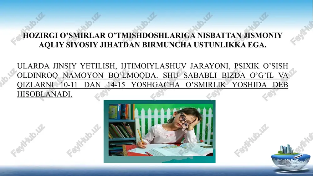 k rivojlanishdagi kamchiliklar; shaxs tarbiyasidagi nuqsonlar; bilish faoliyatidagi kamchiliklar; shaxsning biologik kamchiliklari; maktabdan tashqari muhitdagi kamchiliklar; maktab ta`limi va tarbiyasidagi kamchiliklar; o’smirlarning tarbiyasi qiyinlik belgilari va ular bilan ishlash tadbirlari inson umrining o’smirlik bosqichida, bizningcha, asosan ikkita xatarli jihat paydo bo’ladi. uningbittasi-kattalarga taqlid qilish, ikkinchisi – o’smirning oilada va maktabda nazoratn chetda qolish. shu ikki jihat katta yoshdagi odamlar e’tiboridan tashqari, o’z oqimida, maqsadga muvofiq, tarzda kechadigan bo’lsa, oqibat tarbiyasi qiyin deb ataluvchi o’smirlar paydo bo’lishiga olib keladi. birinchi jihatni tahlil qilib ko’raylik, chunonchi, o’smirlik bosqichidagi o’g’il va qizlarda ilk «kattalik» hissi yuzaga keladi. bu yoshdagi o’smir munosabat uslubini o’zgartiradi, axloq mazmuni ham keskin o’zgaradi. kattalarning tashqi qiyofasi, yurish-turishi, ko’zga tashlanadigan ayrim tomonlari o’smir shu davrga tezroq yetish istagini uyg’otadi. modaga qiziqish, o’ziga aro berish, o’zgacha «madaniy» hordiq chiqarish, mulozamat qilishga intilish kabilar. ular ko’pincha talablarga, katta yoshdagi kishilarga, televizor va kinolarda ko’rganlariga taqlid qiladi. o’z tasavvurida nimani ommabop deb …