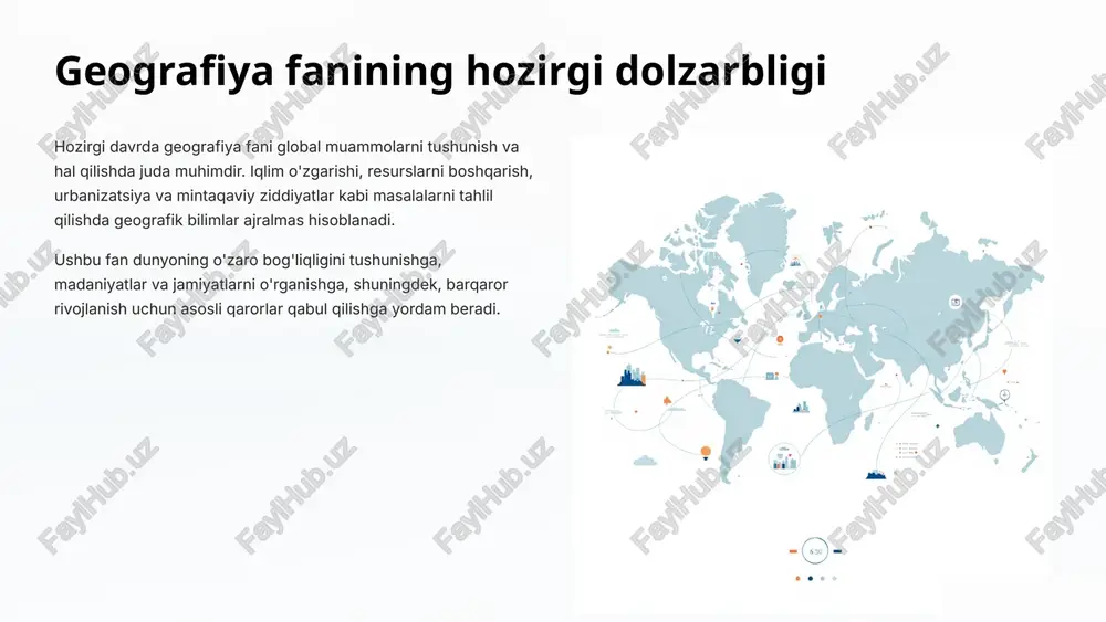 qituvchidan darsga chuqur tayyorgarlik talab etiladi. bu o'quv vositalarini (prezentatsiyalar, diagrammalar, videolar, namoyish materiallari), mavzu bo'yicha to'liq va tizimli ma'lumotlarni tayyorlashni o'z ichiga oladi. shuningdek, o'quvchilarning e'tiborini jalb qilish va tushunishlarini ta'minlash uchun o'qituvchi mavzuni qiziqarli usulda taqdim etishi lozim. bu darsning afzalligi shundaki, u o'quvchilarga yangi materialni tartibli va tushunarli shaklda o'zlashtirish imkonini beradi, kelajakdagi amaliy va mustahkamlash mashg'ulotlari uchun mustahkam asos yaratadi. 12 yangi mavzu: amaliy topshiriqlar dunyo siyosiy kartasini tahlil qilish va tarixiy o‘zgarishlar topshiriqlari turli mavzular bo‘yicha mustaqil mashqlar — nazariy bilimni amalda qo‘llash o‘qituvchi tomonidan topshiriqlar va yo‘riqnomalar aniq beriladi 13 darsning mohiyati darsning mohiyati o'quv jarayonining asosiy poydevori bo'lib, u o'quvchilarga nafaqat nazariy bilimlarni berish, balki ularda amaliy ko'nikmalarni shakllantirish, tanqidiy fikrlashni rivojlantirish va mustaqil o'rganishga bo'lgan qiziqishni uyg'otishni o'z ichiga oladi. har bir dars o'quvchining shaxsiy rivojlanishiga va atrof-muhitni chuqurroq anglashiga hissa qo'shishi lozim. samarali dars aniq belgilangan maqsadlar, interaktiv metodlar va o'quvchilarning …