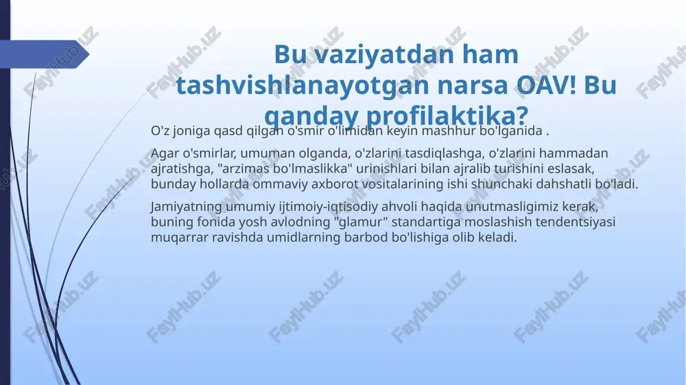 niga qasd qilish natijasida oddiy oilalarning bolalari, jumladan, o'lishadi bolalarni o'z joniga qasd qilishga undaydigan ijtimoiy tarmoqlardagi maxsus jamoalar ham aybdor . ijtimoiy tarmoqlarda o'z joniga qasd qilishga qoyil qolish uchun o'smirlar modasi mavjud - bu haqiqat. lekin bu faqat ular emas! o'z-o'zini buzuvchi g'oyalarni qo'llab-quvvatlash va ommalashtirish mumkin , ammo boshqa manbalar ham mavjud. o'z joniga qasd qilish modasi norasmiy guruhlarda va ma'lum subkulturalarda keng tarqalgan. qoidaga ko'ra, sinfda har doim o'lim g'oyasi bilan noz-karashma qiladigan kamida bitta o'smir bor: - har 50 nafar o'smirdan biri oxir-oqibat o'z joniga qasd qilishga urinadi. kim o'z joniga qasd qilish xavfi yuqori? depressiyaga uchragan o'smirlar spirtli ichimliklar va giyohvand moddalarni suiiste'mol qiladigan o'smirlar o'z joniga qasd qilishga uringan yoki oila a'zosi o'z joniga qasd qilganiga guvoh bo'lgan o'smirlar iqtidorli o'smirlar maktabda yomon ishlagan o'smirlar homilador qizlar o'smirlar zo'ravonlik qurboni bo'lishadi xo'sh, nega bolalar ixtiyoriy ravishda o'z joniga qasd qilishadi? disfunktsional oila ( …