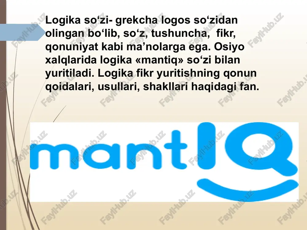 garalab berdi. natijada falsafa oldida tafakkur dialektikasini o‘rganuvchi yangi logika yaratish vazifasi paydo bo‘ldi.dialektik logikani sistemali tarzda ob’ektiv idealistik asosda gegel ishlab chiqdi va uni mutloq ruhning umumiy taraqqiyoti haqidagi ta’limot deb atadi. logika fanini rivojlantirishda o‘rta osiyo mutafakkirlaridan forobiy, beruniy, ibn sino kabi qomusiy olimlar katta hissa qo‘shganlar. forobiy o‘zining «falsafaning kelib chiqishi» risolasida logika fani rivojlanishining asosiy bosqichlari va uning arab mamlakatlariga o‘tish tarixini ilmiy asosda izchil tadqiq etib berdi. forobiy fikricha, logika bu to‘g‘ri fikrni amalga oshirish, haqiqatni qo‘lga kiritish, to‘g‘ri fikr yuritish san’atidir. u fikrda xatoliklarga yo‘l qo‘ymasligini ta’minlaydi. «logika to‘g‘risidagi risolaga muqaddima» asarida forobiy logikaga shunday ta’rif beradi: «bu shunday bir san’atki, u har doim odam notiqlikda adashib qoladigan bo‘lsa, to‘g‘ri fikrlarga olib keluvchi va aql yordamida biror bir xulosa qilinadigan bo‘lsa, xatolardan asrovchi narsalarni o‘z ichiga oladi». demak, logika fikrning to‘g‘ri bo‘lishini ta’minlash uchun xizmat qiladi. farobiy til xaqida gapirib, u milliy xarakterga ega, …
