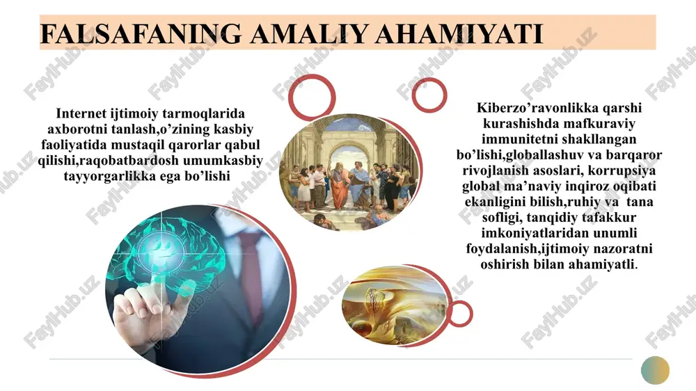 ional emas) qabulkilish shakli bilan belgilanadi. din miflar ko‘rib chikkan savollarni ko‘rib chikadi. asosiy dunyo dinlari xristianlik; islom; buddizm. ko‘p tarqalgan dinlar sintoizm; induizm; iudaizm. mifologik va diniy dunyoqarashning o‘zaro o‘xshashligi va farqi: o’zaro o’xshashligi mif kabi din zamirida ham e’tiqod, tuyg‘u va emotsiyalar yotadi farqli jihatlari agar mifologiyada an’anaga, rivoyat qiluvchining ya’ni oqsoqolning obro‘siga e’tibor kuchli bo‘lsa, dinda g‘ayrioddiy narsalarga e’tiqod birinchi o‘rinda bo‘ladi. oliy kuchlar nomidan rivoyat qiluvchi ruhoniylar obro‘si esa, ikkinchi darajali rol o‘ynadi. din – murakkab ma’naviy tuzilma va ijtimoiy hodisa bo‘lib, unda e’tiqod birinchi o‘ringa qo‘yiladi va hamisha bilimdan ustun turadi. falsafiy dunyoqarash ko'r-ko'rona e’tiqodlar, xayoliy obrazlar to'g'risidagi tasavvurlar va tushunchalarga emas, balki insonning borliqqa munosabati to'g'risidagi erkin, tanqidiy va, ayni vaqtda, umumiy aqliy mushohadalariga, nazariy umumlashmalariga asoslanadi. falsafa-dunyoqarash sifatida falsafa – o‘ziga xos ilmiy-nazariy dunyokarash turi. dunyoqarashning eng yukori pog‘onasi va turi, ratsionallik, sistemalilik, mantik va nazariy shakli borligi bilan ajralib turadi. falsafiy dunyoqarashning …