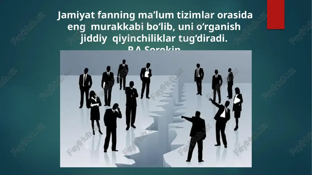 orlik bir ijtimoiy-siyosiy tuzumdan boshqa ijtimoiy-siyosiy tuzumga o’tish keskinlashish mumkin. jamiyat beqarorlikning davrida izdan chiqishi kishilar psixologiyasidagi salbiy o’zgarishlarda, qonunlarning ishlamasligida, ijtimoiy burchning ado etilmasligida, ijtimoiy ideallarning yo’qolishida, g’oya va mafkuraga loqaydlikning kuchayishida, turli guruhlarning paydo bo’lishida, mezonlarining buzulishida, davlat ijtimoiy idoralarining jinoiy adolat aholini boshqarish qobiliyati kuchsizlanishida, turli ziddiyatlarning keskinlashuvida o’z ifodasini topadi. jamiyat bo‘g‘inlari uyushma oila tashkilot jamg‘arma jamoa davlat partiya insoniyat jamiyatining taraqqiyoti hech qachon va hechqayerda oson, beto‘siq kechmagan. har doim va hamma davrlarda jamiyat oldida muayyan muammolar ko‘ndalang bo‘lib turgan. bular, bir tomondan, tabiat ofatlarining natijasi o‘laroq namoyon bo‘ladigan yer silkinishlari, suv toshqinlari, qurg'oqchilik, quyosh radiatsiyasi o‘zgarishi bilan bog‘liq turli epidemik kasaliiklar va hokazolar bo‘lsa, ikkinchi tomondan, inson faoliyati natijasida yuzaga kelgan ijtimoiyiqtisodiy, siyosiy-madaniy hayotga oid bo'lgan antropogen muammolardir. jahon miqyosida yuz bergan jarayonlaritahlili shuni ko‘rsatadiki, hozirgi vaqtda, insoniyat uchun o‘tkir, dolzarb bo‘lib turgan global muammolar quyidagilardan iborat: ■ a) yer yuzida tinchlikni ta’minlash va …