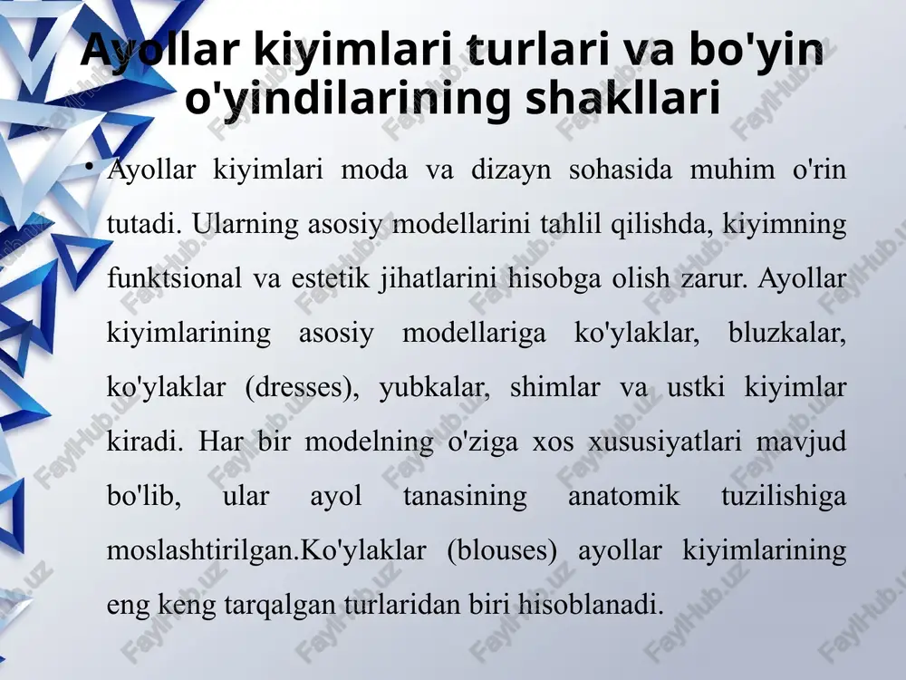 ozor talablariga mos va jozibali qiladi.tikuvchilikda zamonaviy yondashuv va innovatsion texnologiyalarning roli. foydalanilgan adabiyotlar tursunova m. “tikuvchilik texnologiyasi asoslari.” – toshkent: o'qituvchi nashriyoti, 2020. yo'ldosheva n. “kiyim modeli va dizayni.” – toshkent: fan va texnologiya, 2019. xudoyberdiyeva s. “ayollar kiyimlari konstruksiyasi.” – toshkent: talqin, 2021. ergasheva d. “kiyim tikish texnologiyasi.” – toshkent: mehnat, 2018. mamatqulova z. “tikuvchilikda bo'yin o'yindilariga ishlov berish usullari.” – toshkent, 2022. raxmonova g. “tikuvchilik buyumlarining dizayn asoslari.” – toshkent: fan, 2020. image2.jpg image3.png image4.png image5.png image6.png image1.jpeg /docprops/thumbnail.jpeg