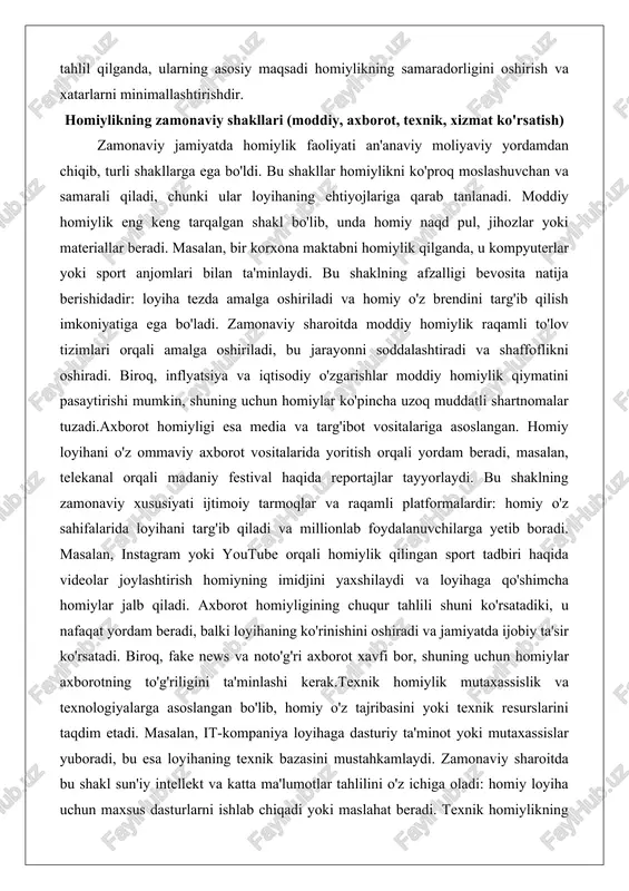 zamonaviy sharoitda moddiy homiylik raqamli to'lov tizimlari orqali amalga oshiriladi, bu jarayonni soddalashtiradi va shaffoflikni oshiradi. biroq, inflyatsiya va iqtisodiy o'zgarishlar moddiy homiylik qiymatini pasaytirishi mumkin, shuning uchun homiylar ko'pincha uzoq muddatli shartnomalar tuzadi.axborot homiyligi esa media va targ'ibot vositalariga asoslangan. homiy loyihani o'z ommaviy axborot vositalarida yoritish orqali yordam beradi, masalan, telekanal orqali madaniy festival haqida reportajlar tayyorlaydi. bu shaklning zamonaviy xususiyati ijtimoiy tarmoqlar va raqamli platformalardir: homiy o'z sahifalarida loyihani targ'ib qiladi va millionlab foydalanuvchilarga yetib boradi. masalan, instagram yoki youtube orqali homiylik qilingan sport tadbiri haqida videolar joylashtirish homiyning imidjini yaxshilaydi va loyihaga qo'shimcha homiylar jalb qiladi. axborot homiyligining chuqur tahlili shuni ko'rsatadiki, u nafaqat yordam beradi, balki loyihaning ko'rinishini oshiradi va jamiyatda ijobiy ta'sir ko'rsatadi. biroq, fake news va noto'g'ri axborot xavfi bor, shuning uchun homiylar axborotning to'g'riligini ta'minlashi kerak.texnik homiylik mutaxassislik va texnologiyalarga asoslangan bo'lib, homiy o'z tajribasini yoki texnik resurslarini taqdim etadi. masalan, it-kompaniya …