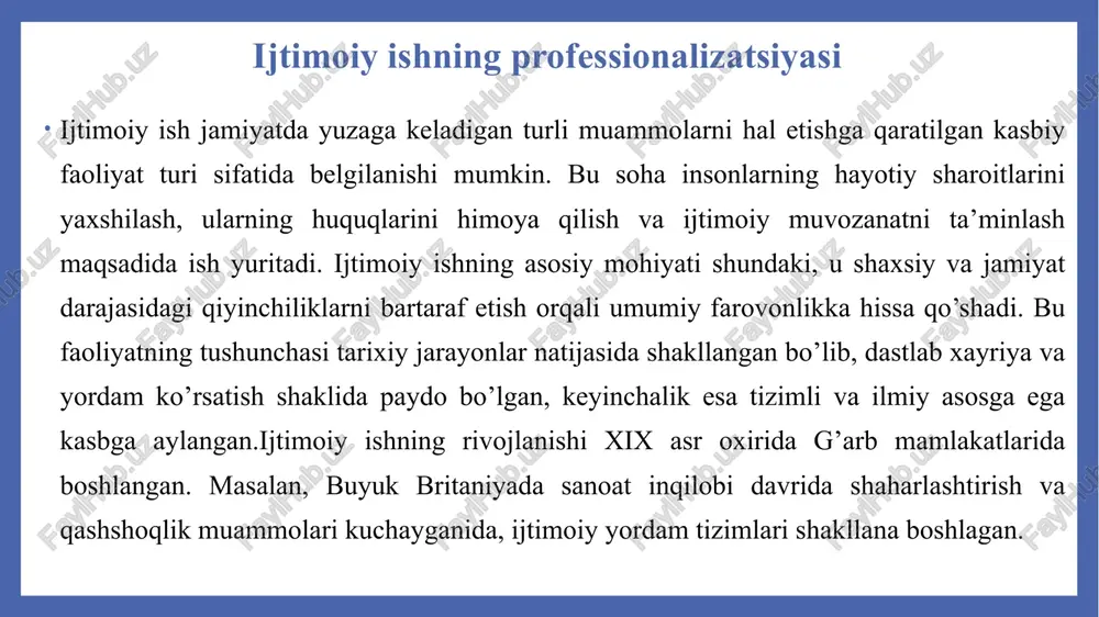 rroq anglashga yordam beradi. masalan, oilasini yo’qotgan bola bilan ishlashda empatiya ijtimoiy xodimning yordamini samarali qiladi. professional ijtimoiy ishda doimiy o’qish mutaxassisning bilimlarini yangilash va yangi ko’nikmalarni egallashni ta’minlaydi. ijtimoiy xodim jamiyat o’zgarishlariga moslashishi kerak, chunki muammolar doimiy ravishda o’zgarib turadi. masalan, pandemiya davrida ijtimoiy xodimlar masofaviy yordam usullarini o’rganishlari kerak bo’ldi. doimiy o’qish mutaxassisning samaradorligini oshiradi va mijozlarning ehtiyojlarini qondirishga yordam beradi. o’zbekistonda doimiy o’qish ijtimoiy xizmatlar tizimida o’quv markazlari orqali amalga oshirilmoqda.o’zini rivojlantirish ijtimoiy xodimning shaxsiy va kasbiy o’sishini ta’minlaydi. mutaxassis o’z tajribasini baholash va yangi usullarni qo’llash orqali rivojlanadi. o’zbekistonda bu zaruriyat ijtimoiy ishning professionalizatsiyasida katta rol o’ynaydi.o’zini rivojlantirish mutaxassisning kasbiy darajasini oshirishga xizmat qiladi. ijtimoiy xodim o’z tajribasini tahlil qilib, xatolardan saboq olishi kerak. ijtimoiy ishning professional rivojlanish istiqbollari ijtimoiy ishning professional rivojlanishi jamiyatning o’zgarishlariga moslashishni talab qiladi. bu rivojlanish istiqbollari sohaning samaradorligini oshirish va yangi muammolarni hal etishga qaratilgan. masalan, demografik o’zgarishlar ijtimoiy ishning yangi …
