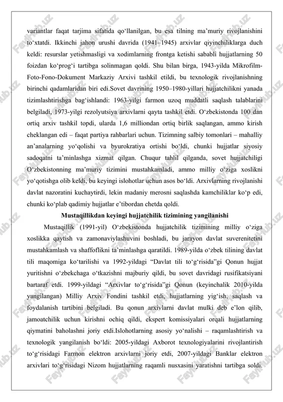 kument markaziy arxivi tashkil etildi, bu texnologik rivojlanishning birinchi qadamlaridan biri edi.sovet davrining 1950–1980-yillari hujjatchilikni yanada tizimlashtirishga bag‘ishlandi: 1963-yilgi farmon uzoq muddatli saqlash talablarini belgiladi, 1973-yilgi rezolyutsiya arxivlarni qayta tashkil etdi. o‘zbekistonda 100 dan ortiq arxiv tashkil topdi, ularda 1,6 milliondan ortiq birlik saqlangan, ammo kirish cheklangan edi – faqat partiya rahbarlari uchun. tizimning salbiy tomonlari – mahalliy an’analarning yo‘qolishi va byurokratiya ortishi bo‘ldi, chunki hujjatlar siyosiy sadoqatni ta’minlashga xizmat qilgan. chuqur tahlil qilganda, sovet hujjatchiligi o‘zbekistonning ma’muriy tizimini mustahkamladi, ammo milliy o‘ziga xoslikni yo‘qotishga olib keldi, bu keyingi islohotlar uchun asos bo‘ldi. arxivlarning rivojlanishi davlat nazoratini kuchaytirdi, lekin madaniy merosni saqlashda kamchiliklar ko‘p edi, chunki ko‘plab qadimiy hujjatlar e’tibordan chetda qoldi. mustaqillikdan keyingi hujjatchilik tizimining yangilanishi mustaqillik (1991-yil) o‘zbekistonda hujjatchilik tizimining milliy o‘ziga xoslikka qaytish va zamonaviylashuvini boshladi, bu jarayon davlat suverenitetini mustahkamlash va shaffoflikni ta’minlashga qaratildi. 1989-yilda o‘zbek tilining davlat tili maqomiga ko‘tarilishi va 1992-yildagi “davlat tili to‘g‘risida”gi …