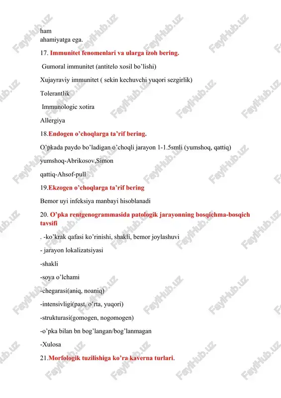 ,belgilari esdan chiqib qolsa adashtirgandan koʻra) 39. mbt turlari va yuqish yo’llari • odam tuberkulyoz mikobakteriyasi (m.tubercolosis humanus) • qoramol mikobakteriyasi (m.bovinus). • qushlar mikobakteriyasi (m.avium). • sichqon mikobakteriyasi (m.microti) mikobakteriyaning yuqish yo’llari? aerogen xavo tomchi alimentar kontakt transplansentar yollar 40. tuberkuloz profilaktika usullarini aytib bering.. ijtimoiy profilaktika - umumiy sog'lomlashtirish tadbirlarini o'tkazish, oqilona ish bilan ta'minlash; maxsus profilaktika - aholini silga qarshi emlash va qayta emlash; sanitariya profilaktikasi - sanitariya-gigiyena tadbirlarini tashkil etish va amalga oshirish, ayniqsa sil kasali infektsiyasi o'choqlarida; kimyoprofilaktika - bemorlar tomonidan silga qarshi dorilarni profilaktika qilishsilning sfitsifik profilaktikasi immunizatsiyani o'z ichiga oladi: bcg vaktsinasi bilan emlash va qayta emlash va aholining "sil kasalligi bilan xavfli" guruhlarini shakllantirish. kimyoprofilaktika 41. 42. gon o’chog’i-birlamchi sil birlamchi affektining sog’ayishi,bitib ketishi natijasida birlamchi affect o’rnida ohaklangan n suyaklangan tosh paydo bo’lishi. 43. averbax bo’yicha o’pka tuberkulomasi tasnifi? • yallig'langan-pnevmotik turi. • kazeoma tipidagi tuberkulyomalar: a) solitar tuberkulyoma, b) qavatma-qavat …