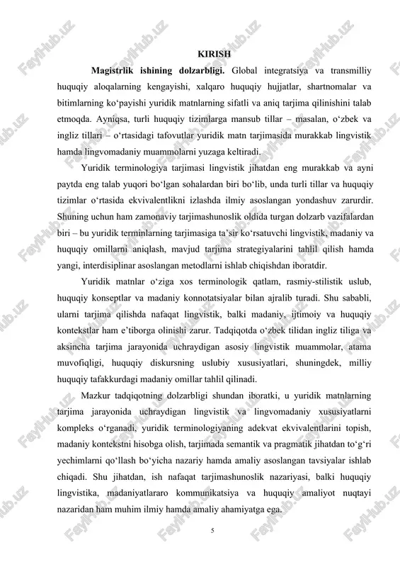 terminologiya bo‘yicha l.alekseyeva, g.vinokur, m.volodina, b.golovin, s.grinev-grinevich, v.danilenko, t.kandelaki, l.kapanadze, v.leychik, d.lotte, g.melnikov, v.prokhorova, yu. slozhenikina, a.superanskaya, v.tabanakova, v.tatarinov, s.shelova singari tadqiqotchilarning ishlari muhim o‘rin egallaydi. yuridik terminologiya bo‘yicha n. glinskaya, n.golev, l.golikov, v.kartuhin, e.malyukova, d.miloslavskaya, l.popova, n.smirnova, v.turanin, s.khizhnyak; tarjimashunoslik va tarjima nazariyasi bo‘yicha i.alekseyeva, l.barhudarov, e.breus, l.venuti, v.vinogradov, i.voynich, v.gak, b.grigoriyev, n.garbovskiy, d.dryden, v.zadornova, v.komissarov, l.latyshev, yu.nayda, n.nesterova, yu.obolenskaya, i.revzin, v.rozenzveyg, ya.retzker, t.savory, a. tytler, a.fedorov, a.schweitzer, f.schleiermacher, j.steiner, r.jakobson kabi mutaxassislarning izlanishlari dissertatsiya uchun muhim nazariy asos bo‘lib xizmat qilmoqda. ayniqsa, yuridik tarjima masalalarida b.berg, m.gamzatova, v.ikonnikova, i.ivanovskaya, k.levitan, e.pankratova, s.pommer, n.sakovskaya, n. sandalova, e.sido, s.šarčevićning ishlari alohida o‘rin tutadi. qiyosiy huquqshunoslik, umumiy huquqshunoslik va huquq falsafasi sohalarida esa s.alekseyev, v.gephart, v.gorbukhov, r. david, k. osakwe, a.pigolkin, n.sannikov, k.sklovskiy, e.sukhanov, v.chervonyuk, a.nikulin, a.guseynov singari olimlarning tadqiqotlari muhim manba sifatida xizmat qilmoqda. shu bilan birga, o‘zbek tilshunosligida va tarjimashunosligida yuridik matnlar tarjimasi, lingvistik ekvivalentlik, lingvomadaniy tafovutlar masalalariga oid …