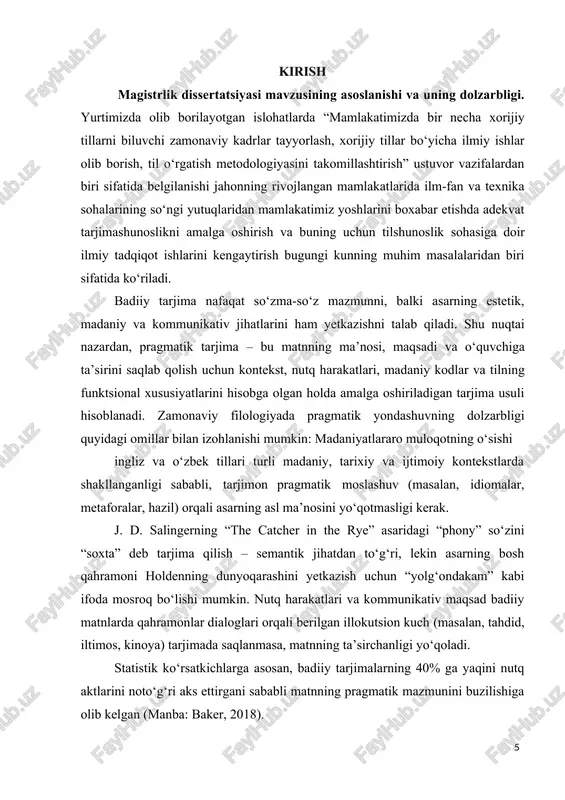 bilan namoyon bo‘luvchi nutq ishtirokchilariga xos kommunikativ niyat bilan aloqador masalalarni o‘rganadi. pragmatik tarjima nazariyasi va amaliyoti xalqaro miqyosda keng qamrovli oʻrganilgan sohalardan biridir. bu borada quyidagi asosiy yoʻnalishlarni ajratish mumkin: nazariy asoslar:j. austin (1962) va j. searle (1969)ning nutq aktlari nazariyasi pragmatik tarjimaning nazariy asoslarini yaratdi. p. grice (1975) konversatsiya maksimalari tushunchasini taqdim etib, tarjimada implikaturalarni saqlash muammosini yoritdi. e.-a. gutt (1991) relevance theory asosida tarjimaning pragmatik jihatlarini tahlil qildi. amaliy tadqiqotlar: mona baker (2018) nutq aktlari va madaniyatlararo muloqotdagi pragmatik muammolarga bagʻishlangan tadqiqotlar olib bordi. k.house (2018) pragmatik ekvivalentlik tushunchasini takomillashtirdi va uni turli tillarga tatbiq etdi. turi va janrlar boʻyicha tadqiqotlar: badiiy matnlar (j. dickins, 2022) siyosiy nutqlar (i. mason, 2020), reklama matnlari (h. vlahov, 2021) mdh mamlakatlarida: rossiyada v.n. komissarov (2004) pragmatik tarjima masalalarini keng yoritgan. l.k. latyshev (2018) nutq aktlarining tarjimadagi ahamiyatini oʻrgangan. oʻzbekistonda: a. nurmonov (2015) nutq aktlari nazariyasining oʻzbek tiliga tatbiqini oʻrgangan. sh. …