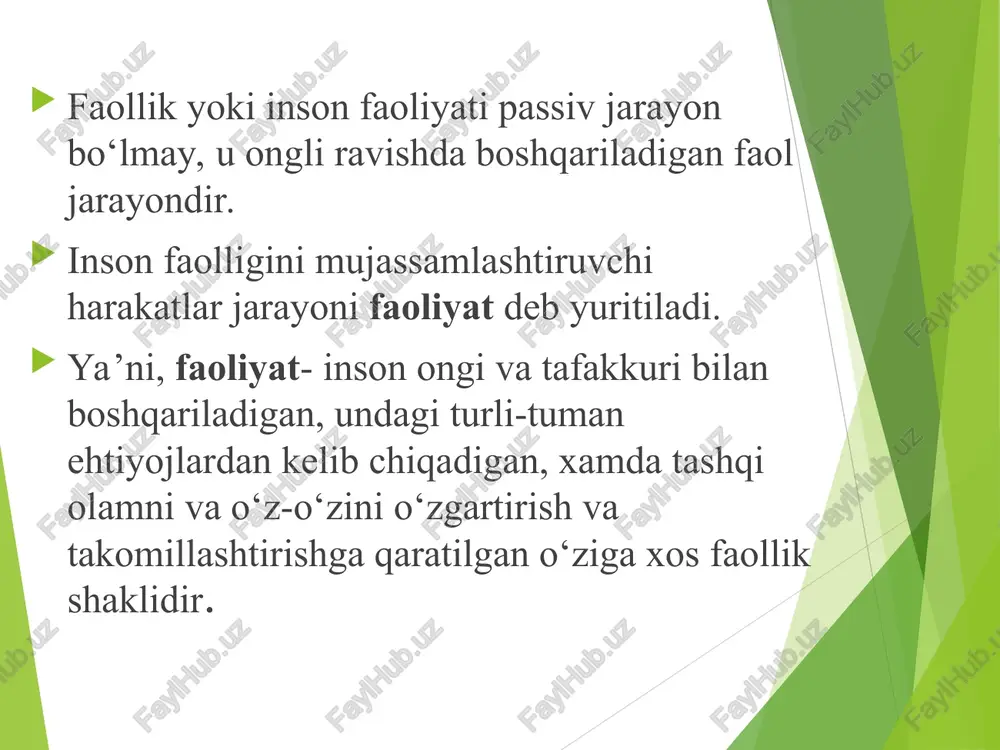 b – quvvatlash, ikkinchisi esa - sherik so‘zlarini tinglab, undagi asosiy g‘oyani ifoda etish. professional tinglash texnikasi: aktiv xolat; suhbatdoshga samimiy qiziqish bildirish; o‘ychan jimlik. tinglash muloqotning samarali bo‘lishidagi ahamiyati nihoyatda katta. chunki tinglash qobiliyati gapiruvchini ilhomlantiradi, uni ruhlantiradi, yangi fikrlar, g‘oyalarning shakllanishiga sharoit yaratadi. professional tinglash texnikasi aktiv holat. samimiy qiziqish bildirish. o‘ychan jimlik. 1. aktiv holat bu - agar kreslo yoki divan kabi mebel bo‘lsa, unga bemalol yastanib yoki yotib olmaslik, suhbatdoshning yuzidan tashqari joylariga qaramaslik, mimika, bosh chayqash kabi harakatlar bilan uning har bir so‘ziga qiziqishni bildiradi. 2.samimiy qiziqish bildirish bu nafaqat suhbatdoshni o‘ziga jalb qilib, balki keyin navbat kelganda o‘zining har bir so‘ziga uni ham ko‘ndirishning samarali yo‘lidir. 3. o‘ychan jimlik bu suhbatdosh gapirayotgan paytda yuzda mas’uliyat bilan tinglayotganday tasavvur qoldirish orqali o‘zingizning suhbatdan manfaatdorligingizni bildirish yo‘li odamlarni xaqoratlamasdan, xafa qilmasdan turib, ularga ta’sir o‘tkazish yo‘llari: suhbatni hamsuxbatingizni maqtashdan, ijobiy fazilatlarni tan olishdan boshlang. o‘zgalarning xatolarini …