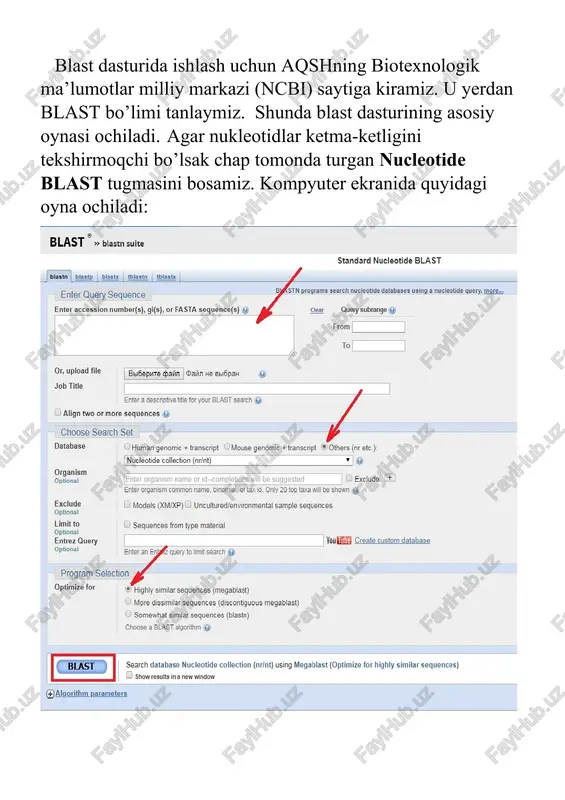 icha 100 ta natija ko’rsatilgan. agar tekshirilayotgan nukleotidlar ketma-ketligidagi 200 tadan ortiq nukleotidlar o’zaro o’xshash chiqsa natija qizil rangda bo’ladi. bizdagi natijada pushti 80-200 tagacha nukleotidlar o’xshash, yashil 50-80 tagacha bo’lgan nukleotidlar o’xshash va ko’k 40-50 tagacha nukleotidlar o’xshash bo’lgan natija olindi. bu yerda biz kiritgan genning rnk nukletidlari ketma-ketliklari asosida tarjima qilingan aminokislotalar ketma-ketligi hosil bo’lganligi natijasi ko’rsatilgan. xulosa xulosa qilib aytadigan bo’lsak, blast dasturi ma’lum bo’lgan oqsil yoki nuklein kislotalar gomologlarini izlab topishga imkoniyat yaratadigan dastur hisoblanadi. blast dasturi yordamida biz qilayotgan ilimiy ishimizda qo’llagan genimizni dnk yoki rnk nukleotidlar ketma-ketligini oqsilning aminokislotalar ketma-ketligiga tarjima qilib olib o’rganishimizni osonlashtirib, bizga qulaylashtirish va vaqtni tejash uchun xizmat qiladi. hozirgi kunda blast dasturi eng foydali dasturlardan biri hisoblanadi. foydalanilgan adabiyotlar 1. ↑ manisekhar s. r., siddesh g. m., manvi s. s. introduction to bioinformatics // statistical modelling and machine learning principles for bioinformatics techniques, tools, and applications. — springer, singapore, …