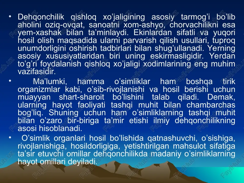 ehqonchilikning intensiv tizimida qishloq xoʼjaligi qaysi omillar asosida yuritiladi yuqori agro texnika agro- kimyo agro- meliora- tiv tadbir- lar mexani- zatsiya- lash- tirish avtoma- tik boshqa- rish kasallik va zarar- kunanda- larga qarshi kimyoviy va biologik kurash yuqori xosil- dorlik va sifat- ni taʼmin- lash hozirgi zamon dehqonchilik tizimining maqsadi hozirgi zamon dehqonchilik tizimi yerlardan samarali foydalanish va tuproqning unumdorligini oshirishni, konkret va iqtisodiy sharoitda eng kam mehnat va xarajat sarflangan holda har gektar yerdan eng koʼp va yuqori hosil yetishtirishni taʼminlashi kerak. dehqonchilikning ilmiy asoslangan tizimi qishloq xoʼjaligini tabiiy ofatlardan saqlashda, tuproq unumdorligini oshirishda, ilgʼor agrotexnika tadbirlarini oʼzlashtirishda, yerlarni sugʼorishda, ximikatlardan foydalannshda, ratsional almashlab ekishda, yaxshi nav ekinlarini ekishda mexanizatsiyadan keng kulamda foydalanishga yordamlashishi zarur. sugʼoriladigan dehqonchilikning qisqacha tarixi. insoniyat sug’orib dehqonchilik qilish bilan juda qadimdan shug’ullanib kelgan. suvning ulkan hayotiy kuch ekanligini tushungan inson qadim zamonlardan beri undan toʼgʼri foydalanish uchun kurashib kelgan. bundan ming yillar ilgariyoq misr, …