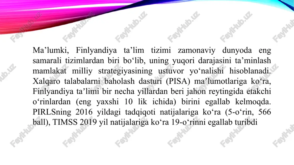 uchdan bir qismi haqidagi ma’lumotlar to‘plandi. bundan tashqari, masofaviy ta’lim tufayli o‘quvchilarning ochiq javoblariga ball to‘plashlariga qiyinchiliklarni tug‘dirdi. 2021-yil bahorida, pirlsning asosiy ma’lumotlarini yig‘ish jarayonida finlandiya bo‘ylab maktablar yopilmagan, ammo ba’zi sinflar ikki hafta karantinga qo‘yilgan yoki bir nechta o‘quvchilar qatnashmaganligi sababli muammolar yuzaga keldi. bu esa o‘z navbatida 4-sinf o‘quvchilarining to‘liq ishtirok eta olmasligiga sabab bo‘ldi. e’tiboringiz uchun rahmat image2.png image3.jpeg image1.png /docprops/thumbnail.jpeg