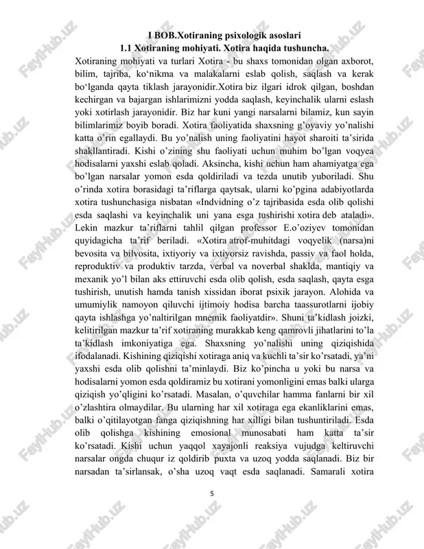 astoydil kirishadigan kishilar puxta va chuqur eslab qoladilar. samarali xotira kishining umumiy madaniyatiga uning aqliy saviyasiga bilimiga o’quviga fikrlash qobiliyatiga, ko’nikmaa va odatlariga ham bog’liqdir. shunday qilib, xotiraning tabiati va uning samaraliligi shaxsning xususiyatlari bilan bog’liqdir. shaxs o’z oldiga qo’yilgan maqsad va vazifalari asosida o’zining xotirlash jarayonini ongli ravishda tartibga soladi va boshqaradi. xotira sohasida quyidagi asosiy jarayonlar: esda olib qolish, esda saqlash, esga tushirish va unutish bir-biridan farq qilinadi. bu jarayonlar faoliyatda tarkib topadi va belgilanadi. ma’lum materialni esda olib qolish hayot faoliyati davomida individual, ya’ni shaxsiy tajribani turlash bilan bog’liqdir. to’plangan tajribadan keyingi faoliyatda foydalanish qayta esga tushirishni talab qiladi. ma’lum materialning faoliyatda qatnashmay qolishi yoddan chiqarishga olib keladi.esda olib qolish nerv tizimining miya egiluvchan, ya’ni o’zgaruvchanlik qo’zg’atuvchilar ta’sirida o’zida go’yo bir iz tarzda qoldirish, saqlash imkoniyati tufayli yuzaga keladi. har qanday insonning miyasi egiluvchanlik xususiyatiga ega bo’lib, uning darajasi har xil bo’ladi. shaxs xotirasining sifati miyaning faolligi …