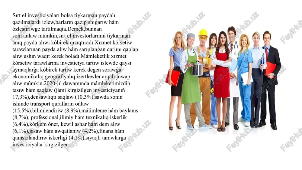 lıs tarawın da kirgiziw múmkin,biraq,qurılıs tarawı,xalıqqa tikkeley xızmet kórsetpese de,xalıqtıń jasawı ushın xızmet etedi, sonday-aq,xızmet kórsetiw tarawları da imaratlarda jumıs alıp baradı.qurılıs tarawın,xızmet kórsetiw tarawına,xızmet kórsetedi desek asıra aytqan bolmaymız.mámleketimizde 2020-jılı ulıwma maydanı 12 677,4 mıń kv.m turaq jay iske túsirilip,2019-jılǵa salıstırǵanda 87,5% ti quradı. 14 paydalanilǵan ádebiyatlar 1. nazarov.m, tojiyeva.z. ijtimoiy geografiya. toshkent. 2003. 2. soliyev.a, qarshiboyeva .l. iqtisodiy geografiyaning nazariy va amaliy masalalari. toshkent. 1999. 3. soliyev.a. hududiy majmualarning nazariy asoslari. toshkent. 2007. 4. iskandar, o. (2023). the organization of the khorazm soviet republic. web of synergy: international interdisciplinary research journal, 2(4), 5. ochilov, i. (2023). importance of pedagogical technologies in forming thinking and skills in history lessons. science and innovation, 2(b4), 481-484. 6.p. baratov “o‘zbekiston tabiiy geografiyasi” -t: o‘qituvch, 1996. 7.a. soliyev “o‘zbekiston geografiyasi” –t: universitet, 2014. 8.asanov g. nabixonov m. safarov i “o‘zbekiston iqtisodiy va ijtimoiy jog‘rofiyasi-t: o‘qituvchi, 1994. 9.mirziѐev sh.m ―erkin va farovon, demokratik o'zbekiston …