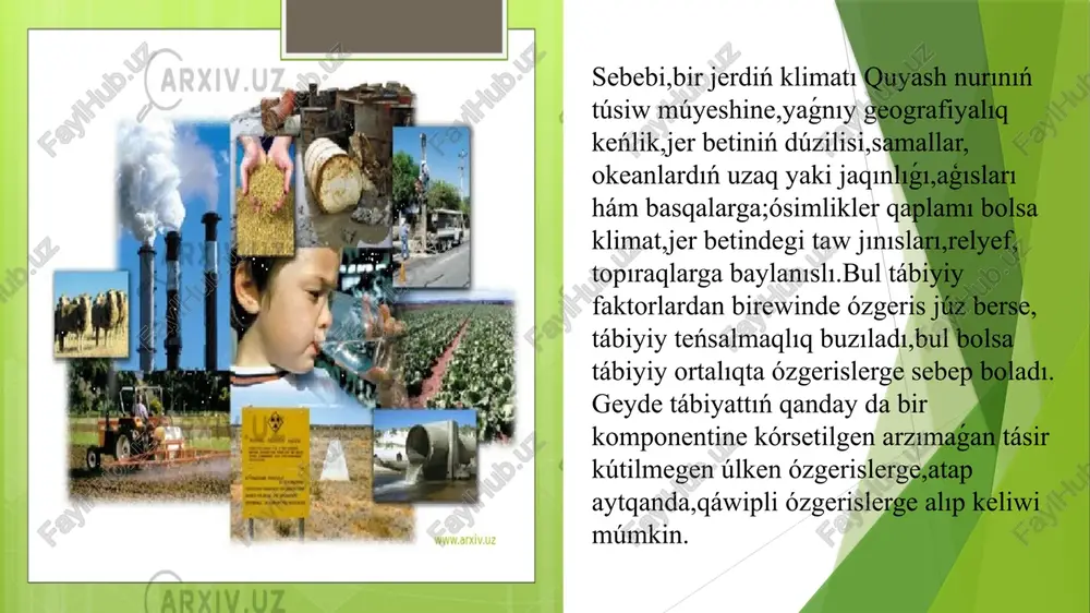 tábiyattı qorǵaw belgili bir úlke yaki mámleket shegarasınan shiģip, uliwma jáhán mashqalasına aylanıp barmaqta. jerdiń ozon perdesindegi ózgerisler, dúnyada temperaturanıń kóterilip baratırǵanı, polyar hám taw muzlıqlarınıń qısqarıp baratırǵanı mine usınday mashqalalardan bolıp esaplanadı. ásirese, qayta tiklenbeytuģın tábiyiy baylıqlardıń azayıp baratırganlıǵı hám qorshagan tábiyiy ortalıqtıń pataslanıwı bir qansha mámleketlerde, ásirese, rawajlangan mámleketlerde tábiyattı qorǵaw ilajların kóriwge májbúr etti. kópshilik rawajlangan mámleketlerde togaylardı kesiw sheklendi, jerden kadastr tiykarında paydalanılatuģın boldı, dárya hám kól suwları tazalanıp, balıqlardı kóbeytiw baslandı. ańshılıq tártipke salındı, qorıqxanalar, qorǵalatuǵın aymaqlar kóbeytildi. paydalang`an a`debiyatlar i.b.b.berkinov va boshq. mintaqalarni ijtimoiy-iqtisodiy rivojlanishini prognozlash. - t., “tdiu”, 2010. ii.yakubov i.o., islomov a.a., sunnatov m.n. mintaqaviy iqtisodiyot. - t., “tdiu”, 2019. iii.o„zbekiston respublikasi prezidentining 2017-yil 22-iyundagi “respublika iqtisodiyoti tarmoqlari va ijtimoiy sohalarini 2017-2018-yillar kuz-qish davrida barqaror ishlashga tayyorlashni ta‟minlash chora-tadbirlari to„g„risida”gi pq3079-sonli qarori. iv.www.namangan.uz veb-sayti. image1.png image2.png image3.png image4.png image5.png image6.png image7.png image8.png image9.png image10.png image11.png image12.png image13.png /docprops/thumbnail.jpeg