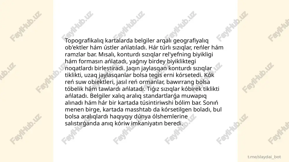 qurallardan biri esaplanadı hám 0°dan 360°gacha mániske ıyelewi múmkin. jónelislerdi anıqlawda aldın arqa (0° yamasa 360°), shıǵıs (90°), qubla (180°) hám batıs (270°) sıyaqlı tiykarǵı táreplerdi eske alamız. azimutni anıqlaw ushın kompastan paydalanıladı hám ol sayaxatlar hám de kartografiyada zárúrli rol oynaydı. sonıń menen birge, áskeriy hám sortıgatsion jumıslar ushın da zárúr bolıp tabıladı. jónelislerdi anıqlawda geografiyalıq hám magnit arqa arasındaǵı parq, yaǵnıy magnit deklinatsiyani da esapqa alıw zárúrli. ... t.me/slaydai_bot gps (global positioning system) zamanagóy topografiyada zárúrli rol oynaydı. gps arqalı jaylasıw anıqlıq dárejesi 1-5 metr aralıǵinda bolıwı múmkin. zamanagóy topografiyada gps qurılmaları jaylasıw hám nıshanlardı anıq belgilewde qollanıladı, bul bolsa jer ólshew jumısların tezlestiredi hám anıqlıǵın asıradı. topografikalıq kartalardı jaratıwda gps den paydalanıw waqtın 50-70% tejeydi. sonıń menen birge, gps járdeminde geografiyalıq maǵlıwmatlardı jıynaw hám analiz qılıw múmkinshiligin beredi. gps sistemasınıń 24 jasalma joldasi ámeldegi bolıp, olar jerdiń túrli noqatlarına signallar uzatadı. uzbekistonda gps texnologiyası kóbinese kadastr, geodeziya …