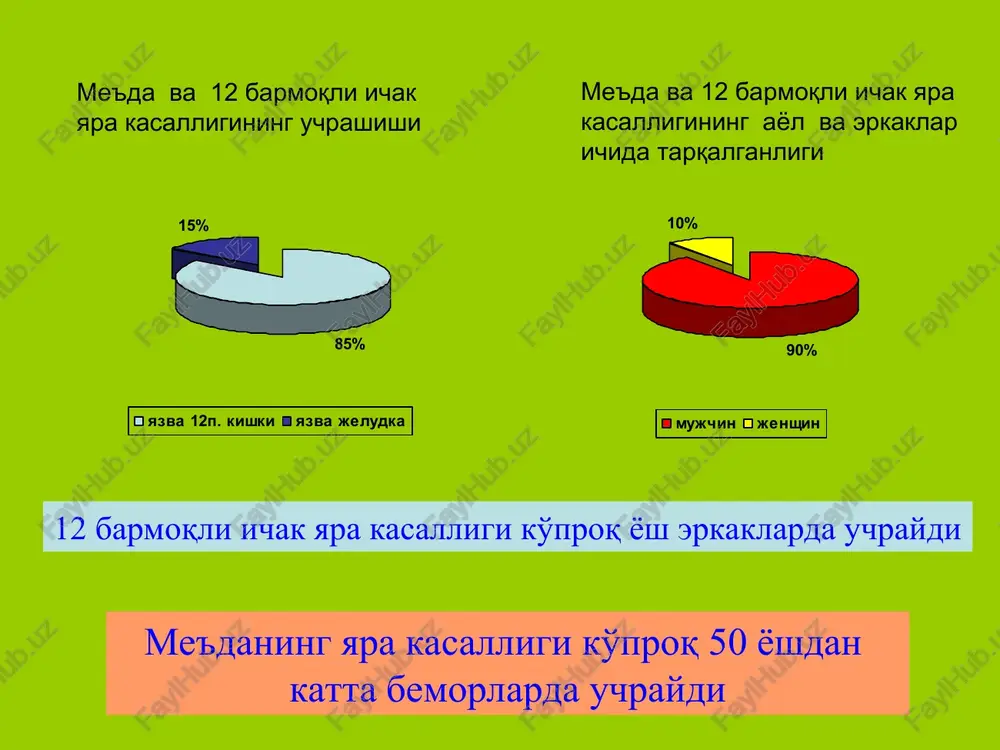 pufagiga yakin turganligi. yopik perforatsiyani klinik kechishi 3 fazaga bulinadi : yarani teshilishi,klinkik simptomlarni kamayib borishi, asoratlar fazasi. birinchi fazasi- ogrik birdan boshlanadi, intensiv xanjarsimon ogrik,kollaps belgilarini bulishi,korin old devorini taranglashishi,lekin bu lokal xarakterda buladi. ( epigastral yoki korinni yukori kism. ). klinik belgilarni kamayish boskisi- perforativ teshik yopiladi, kesallikni utkir fazasi kamayadi. ogrik va korin devorini tarangligi kamayadi. korin bushligida erkin gazni bulmasligi bilan xarakterlanadi. asoratlar fazasi- korin bushligida chegaralangan abstses kam xolatlada esa tarkalgan peritonit rivojlanadi. ba'zi xolatlarda yopik perforatsiyaga tashxis kuyilmaydi aksincha yara kasalligini kuzgalish davri deb baxolanadi. laparotsentez neymark sinamasi-laparotsintez yuli bilan olingan eksudatga 1% li yod eritmasi tomiziladi. agar perforativ suyuklik bulsa tarkibidagi kraxmal bilan raekiyaga kirishishi natijasida eritma ranggi kukaradi. yara perforatsiyasida operatsiya usulini tanlash fermentativ peritonit bosqichi yiringli peritonit bosqichi radikal operatsiya palliativ operatsiya me'da rezektsiyasi tv+antrum-ektomiya tv+piloroplastika teshilgan yarani tikish teshilgan yarani tikish operatsiyasi teshilgan yarani tikishga kursatmalar tarkalgan fibroz-yiringli peritonit. radikal …