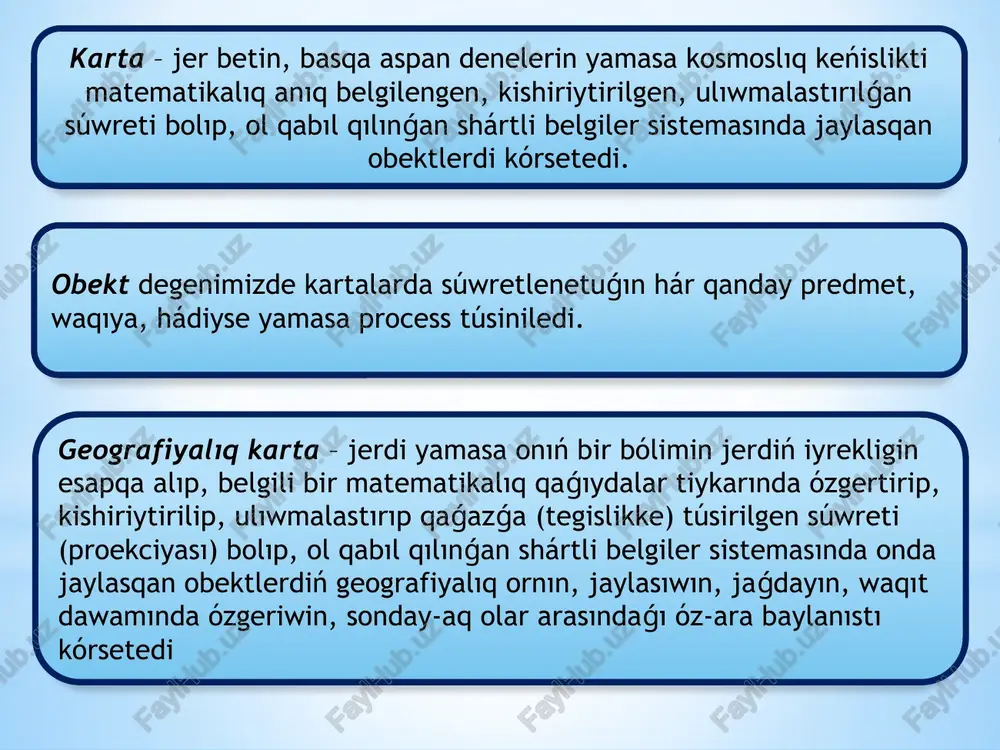 ám bunnan keyingi teoriyalıq hám metodikalıq máseleler sheshimin izlew, ásirese geografiyalıq baylanıslılıq hám nızamlıqlardı biliw quralı sıpatında kartanıń jańa múmkinshiliklerin anıqlaw menen baylanıslı izertlewlerdi tereńlestiriw, kartalardı analiz qılıw usılların keńeytiw hám olardan ilimiy-izertlew jumısların alıp barıwda, ekonomikanı basqarıwda hám rejelestiriwde paydalanıw; 12. kartanı tayarlawdı jańa, birqansha jetilisken usılların islep shıǵıw. mámleket sheńberinde kartografiyalıq óndiriste kartalardı onsha úlken bolmaǵan tirajlarda basıp shıǵarıwdı tezletetuǵın hám onsha qımbat bolmaǵan texnologiyalıq sxemaların hám texnikalıq quralların engiziw; kartografiyanıń tiykarǵı ilimiy hám ámeliy wazıypaları tómendegilerden ibarat: 13. kartalardıń ayırım túrlerin qısqa waqıtta jaratıwdıń avtomatikalıq usılların izlew, jańa kartalardı jaratıw maqsetinde maǵlıwmatlardı alıw, saqlaw hám qayta islew hámde turaqlı bolatuǵın process – kartalardı jańalap turıw ushın bul maǵlıwmatlardan paydalanıw; 14. tábiyiy, xalıq hám xojalıq kartaların dúziw ushın hár qıylı ushıwshı apparatlarda orınlanǵan súwretlerden paydalanıw. insannıń kosmoslıq keńislikti jedel ózlestirip atırǵanlıǵın esapqa alıp, ay hám planetamızdıń kartların islep shıǵarıw máseleleriniń sheshimin tabıw; 15. kúndelikli maqsetler ushın keń paydalanılatuǵın …