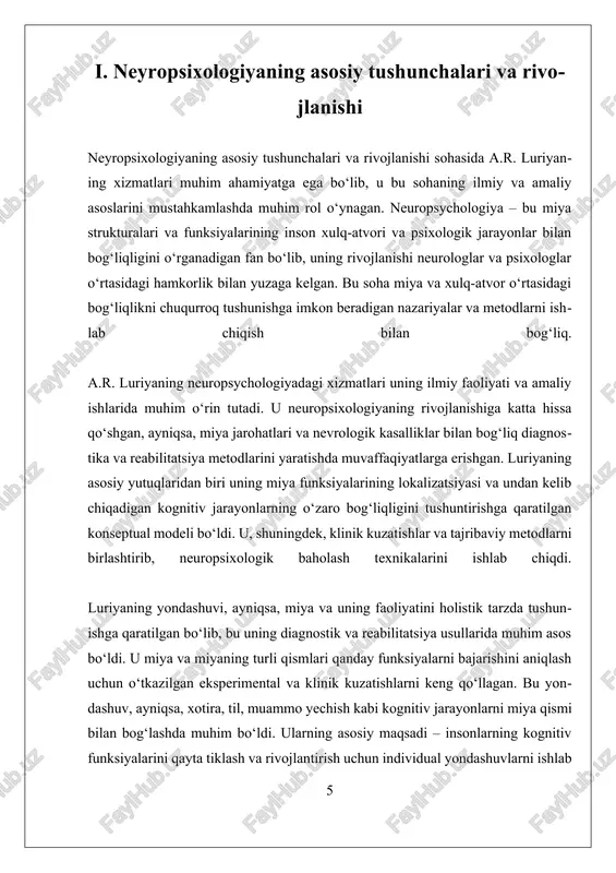 axs sifatida tanilgan. uning metodlari va klinik amaliyotdagi xizmatlari neyropsixologiya sohasining shakllanishi va rivojlanishida asosiy poydevorni tashkil etadi. luriya o‘zining innovatsion yondashuvlari va keng qamrovli metodlari bilan bu sohani nafaqat nazariy, balki amaliy jihatdan ham rivojlantirishga katta hissa qo‘shdi. luriya metodlari asosan miya faoliyatini tahlil qilish va uning turli bo‘limlarining funktsiyalarini aniqlashga qaratilgan. u, avvalo, miya hududlarini lokalizatsiya qilish va ularga bog‘liq kognitiv funksiyalarni aniqlash konseptini ilgari surdi. bu yondashuv miya hududlarining funktsional roli haqida aniqroq tushunchalarni shakllantirishga yordam berdi va neyropsixologik diagnostika uchun asos bo‘ldi. masalan, luriya inson miya faoliyatini tahlil qilishda klinik kuzatishlar va tajribaviy metodlarni birlashtirdi, bu esa uning diagnostik usullarini amaliy jihatdan juda qulay va samarali qildi. luriya klinik amaliyotda keng qo‘llanadigan diagnostika metodlarini ishlab chiqdi. bu usullar, ayniqsa, miya jarohatlari va nevrologik kasalliklar bilan bog‘liq kognitiv defitsitlarni aniqlash uchun mo‘ljallangan edi. u, shuningdek, insonlarning muayyan muammolarini aniqlashda ularning til, xotira, problemani hal qilish qobiliyatlari kabi …