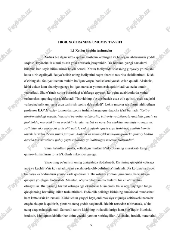 ilgan maqsad va vazifalari asosida o’zining xotirlash jarayonini ongli ravishda tartibga soladi va boshqaradi. xotira sohasida quyidagi asosiy jarayonlar: esda olib qolish, esda saqlash, esga tushirish va unutish bir-biridan farq qilinadi. bu jarayonlar faoliyatda tarkib topadi va belgilanadi. ma'lum materialni esda olib qolish hayot faoliyati davomida individual, ya'ni shaxsiy tajribani to’plash bilan bog’liqdir. to’plangan tajribadan keyingi faoliyatda foydalanish qayta esga tushirishni talab qiladi. ma'lum materialning faoliyatda qatnashmay qolishi yoddan chiqarishga olib keladi. 1.2 xotiraning nerv-fiziologik asosi esda olib qolish nerv tizimining egiluvchan, ya'ni o’zgaruvchanlik, qo’zqatuvchilar ta'sirida o’zida go’yo bir iz qoldirish, saqlash imkoniyati tufayli yuzaga keladi. har qanday insonning miyasi egiluvchanlik xususiyatiga ega bo’lib, uning darajasi har xil bo’ladi. shaxs xotirasining sifati miyaning faolligi va turli faoliyatga to’g’ridan-to’g’ri bog’liq ravishda rivojlanadi. atrofni o’rab olgan borliqni faol biluvchi kishi o’z miyasi faoliyatini to’xtovsiz kuchaytiradi. shu bilan birga uning egiluvchanlik darajasini oshiradi. miya egiluvchanligi vaqtincha pasayishi, xotira samarasining susayishi, ba'zi paytda odamning …