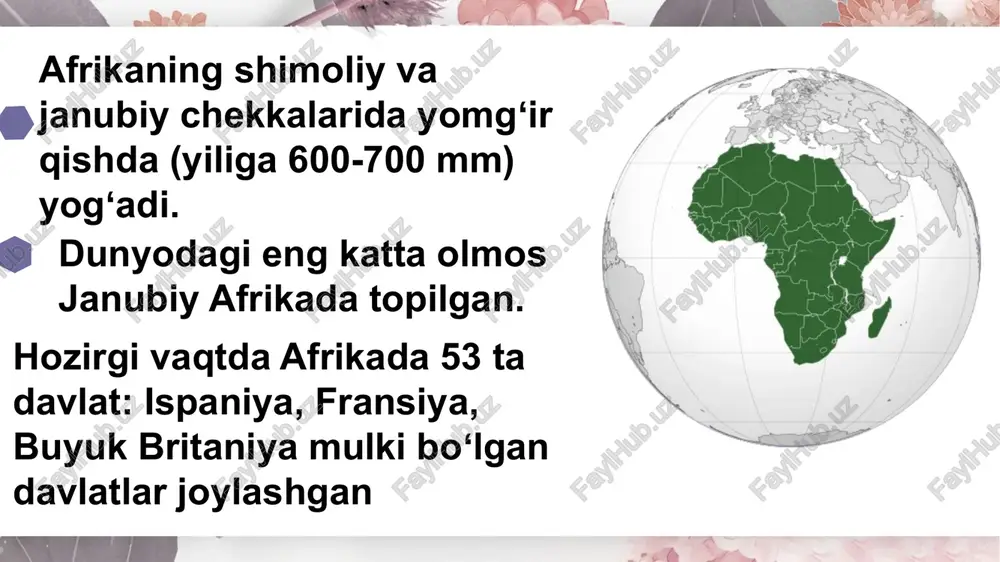 r energiyasiga ega. faqat afrikada hasharotxo’r o’simlik gidnora o’sadi. dunyodagi eng katta olmos janubiy afrikada topilgan. cho‘ldagi qum 80°c gacha isishi mumkin. afrikadagi eng yirik koʻl – vik-toriya koʻli. efiopiya togʻligida tana koʻli bor, afrika tsivilizatsiya beshigi hisoblanadi. bu insoniyat madaniyati va jamiyati paydo bo’lgan birinchi qit’adir. afrika yagona qit’a bo’lib, unda inson umrida qadam bosmagan joylar mavjud. afrikaning o’z venetsiyasi bor. ganvi qishlog’i aholisining uylari suv ustida qurilgan va ular faqat qayiqda harakatlanadilar. 20-asr boshlarida afrikaning deyarli butun hududi fransiya, germaniya, angliya, ispaniya, portugaliya va belgiya tomonidan mustamlaka qilingan. faqat efiopiya, misr, janubiy afrika va liberiya mustaqil edi. afrikada dunyodagi eng katta cho’l sahroi kabir joylashgan. uning maydoni aqsh hududidan kattaroqdir. qit’ada dunyodagi ikkinchi eng uzun daryo – nil oqadi. uning uzunligi 6850 kilometr. viktoriya ko’li dunyodagi ikkinchi eng katta chuchuk suv ko’lidir. bugungi kunda afrika qit'asida kam uchraydigan turli ofatlarga shubha bilan qaraydigan sayohatchilarning ozchiligini hisobga olgan holda, …