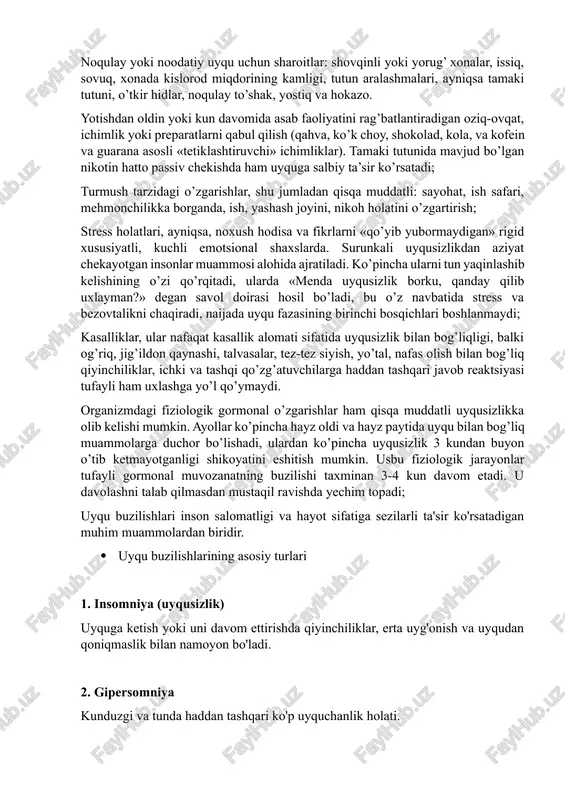 minan 3-4 kun davom etadi. u davolashni talab qilmasdan mustaqil ravishda yechim topadi; uyqu buzilishlari inson salomatligi va hayot sifatiga sezilarli ta'sir ko'rsatadigan muhim muammolardan biridir. · uyqu buzilishlarining asosiy turlari 1. insomniya (uyqusizlik) uyquga ketish yoki uni davom ettirishda qiyinchiliklar, erta uyg'onish va uyqudan qoniqmaslik bilan namoyon bo'ladi. 2. gipersomniya kunduzgi va tunda haddan tashqari ko'p uyquchanlik holati. 3. narkolepsiya to'satdan uyquga ketish, odatda kutilmagan paytda yuz beradi. 4. parasomniya uyqu paytida g'ayrioddiy harakatlar yoki holatlar, masalan, uyquda yurish (somnambulizm), tungi dahshatlar va kabuslar. 5. uyqu apneasi uyqu paytida nafas olishning qisqa muddatga to'xtashi yoki keskin qiyinlashishi bilan namoyon bo'ladi. · uyqu buzilishlarining sabablari psixologik omillar stress, xavotir, depressiya va boshqa ruhiy holatlar uyqu sifatiga salbiy ta'sir ko'rsatadi. jismoniy omillar og'riq, surunkali kasalliklar (gipertoniya, qandli diabet), gormonal o'zgarishlar. hayot tarzi noto'g'ri ovqatlanish, yotishdan oldin gadjetlardan foydalanish, tartibsiz uyqu rejimi. tashqi omillar shovqinli yoki yorug' xonalar, noqulay to'shak yoki yostiq, …