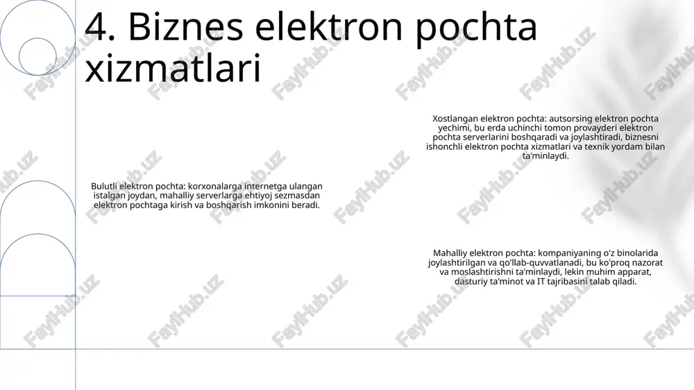 atlashtirish vaqtni tejash va elektron pochta marketingi natijalarini yaxshilashga yordam beradigan kuchli vositadir. elektron pochta xabarlaringizni avtomatlashtirish orqali siz ularni kerakli vaqtda kerakli odamlarga yuborishingiz mumkin. 3: tranzaksiyaviy elektron pochta marketingitranzaksion elektron pochta xabarlari mijozning harakatlariga javoban avtomatik ravishda yuboriladigan elektron pochta xabarlari, masalan, xarid qilish yoki hisob yaratish 13. marketing elektron pochta xizmatlari spamni filtrlash xizmatlari:• e-pochtangizni kiruvchi va zararli xabarlardan himoya qiling.• spam, fishing urinishlari va boshqa tahdidlarni bloklang.• elektron pochta xabarlarini yetkazib berish imkoniyatini yaxshilang va kiruvchi xabarlar qutisini toza saqlang. elektron pochta xizmatlari turlari:• veb-pochta: gmail, outlook yoki yahoo mail kabi veb-brauzer orqali elektron pochtaga kiring.• pop3: oflayn kirish uchun elektron pochta xabarlarini mahalliy qurilmaga yuklab oling.• imap: elektron pochta xabarlarini bir nechta qurilmalar orqali sinxronlashtiring elektron pochta xizmati toifalari:• shaxsiy: shaxsiy foydalanish uchun, elektron pochta xabarlarini saqlash va jo‘natish/qabul qilish kabi asosiy funksiyalarni taklif etadi.• biznes: umumiy taqvimlar, video konferensiya va domenni boshqarish kabi ilg‘or …
