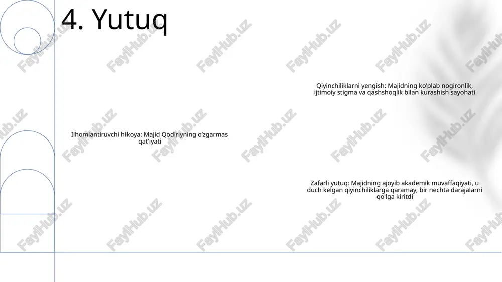 igi va xalq tili dizaynlaridan ilhom olib, madaniy o'ziga xoslik tuyg'usini rivojlantirish uchun ularni zamonaviy ramkalar bilan birlashtiradi. 12. zamonaviy arxitekturaga ta'siri global presence: majid qodiriyning ishi xalqaro e’tirofga sazovor bo‘lib, dunyoning 30 dan ortiq mamlakatlarida tomoshabinlarga yetib keldi. ilhomlantiruvchi rassomlar: qodiriyning innovatsion uslublari va badiiy qarashlari o‘zbekistonda va undan tashqarida ko‘plab yangi ijodkorlarga ta’sir o‘tkazdi. madaniyat elchisi: qodiriy o'z san'ati orqali o'zbek madaniyati va an'analarini targ'ib qiladi, madaniyatlararo tushunish va qadrlashni rivojlantiradi. 13. xalqaro ta'sir adabiyot arboblari bilan hamkorlik: majid qodiriy erkin vohidov, shuhrat kabi taniqli o‘zbek shoirlari bilan hamkorlik qilgan. ular birgalikda o'zlarining xilma-xil she'riy iste'dodlarini namoyish etadigan antologiyalarni yaratdilar. madaniyatlararo almashinuvlar: qodiriy asarlari koʻplab tillarga, jumladan rus, ingliz va frantsuz tillariga tarjima qilingan. ushbu tarjimalar madaniyatlararo almashinuvni yo'lga qo'ydi va butun dunyo bo'ylab uning o'ziga xos adabiy nuqtai nazarini tanishtirdi. badiiy ilhomlar: qodiriy sheʼriyati koʻpincha anʼanaviy oʻzbek xalq sanʼati va musiqasiga tayangan. u o‘z yozuviga xalq og‘zaki …