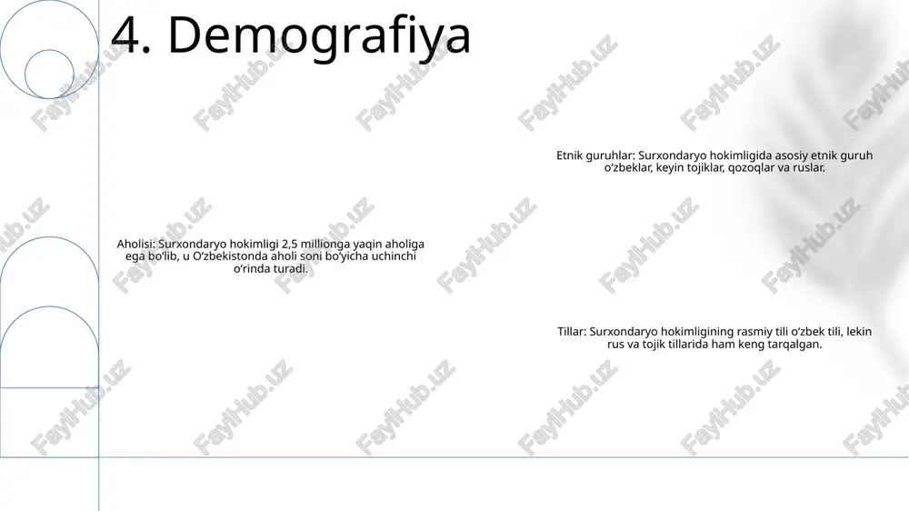 mavjudlik va mavjudlik - sog'liqni saqlash muassasalari aholiga qulay joyda joylashgan.- 24/7 tez yordam xizmatlari va tez yordam transporti mavjud.- sog'liqni saqlash uchun arzon narxlar va keng qamrovli sug'urta qoplamasi. ixtisoslashtirilgan xizmatlar- ilg'or tibbiy texnologiyalar va diagnostika vositalari.- kardiologiya, onkologiya, nevrologiya va boshqalar bo'yicha ixtisoslashtirilgan bo'limlar.- innovatsion davolash usullari uchun akademik va ilmiy muassasalar bilan hamkorlik. 11. sog'liqni saqlash surxondaryo 1 million 500 ming gektardan ortiq dehqon va dasht maydonlarini suv bilan ta’minlab, ko‘plab kichik shahar va qishloqlarni elektr energiyasi va ichimlik suvi bilan ta’minlab beradi, shuningdek, viloyat paxta va g‘alla hosilini sug‘orish uchun zarurdir. surxondaryoda sherobod zavodi, termiz elektr stansiyasi kabi muhim sanoat obyektlari ham joylashgan. bundan tashqari, viloyat qushk hududida joylashgan katta tabiiy gaz zaxiralariga ega. surxondaryoda transport infratuzilmasi yaxshi rivojlangan, avtomobil yo‘llari, temir yo‘llar va aeroportlarning keng tarmog‘i viloyatga xizmat ko‘rsatadi. 12. infratuzilma transport tizimi:- surxondaryo hokimligi rivojlangan transport tizimi, jumladan, zamonaviy avtomobil yoʻllari, temir yoʻllar va …