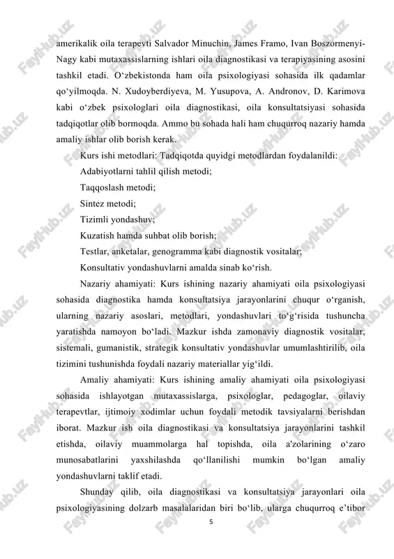 iyalarini, shuningdek, oilaning tashkiliy va funktsional xususiyatlarini chuqur tahlil qilish jarayonidir. boshqacha qilib aytganda, bu — oilada mavjud bo'lgan holatni tushunish, undagi noqulayliklarni aniqlash, ularning sabablarini ochish hamda keyinchalik konsultatsiya, terapiya yoki boshqa psixologik yordam ko'rsatish uchun bazaviy axborot yig'ishdir. oila diagnostikasi atamasining "diagnostika" so'zi tibbiyot fanidan olingan bo'lib, kasallikning belgilari orqali sababini aniqlash degan ma'noni anglatadi. psixologiyada esa diagnostika — shaxs yoki guruhdagi psixologik muammolarni aniqlash, ularning mazmuni, sabablari, oqibatlari haqida ma'lumot olish jarayoni. oila diagnostikasi esa individual diagnostikadan farqli o'laroq, oila tizimi, ya'ni oila a'zolari o'rtasidagi murakkab munosabatlar tarmog'ini o'z ichiga oladi. shu sababli bu jarayonda individual, guruhli hamda sistemaviy yondashuvlar birgalikda qo'llaniladi. oila diagnostikasi — bu faqat muammoli oilalarda o'tkaziladigan tadbir emas. uning yana bir vazifasi — normal, barqaror oilalarda ham oldini olish maqsadida o'tkazish hamda oilaviy aloqalarni mustahkamlash, kompetentliklarni rivojlantirish uchun ham kerakli axborot yig'ishdir. diagnostika natijasida oila a'zolarining o'zaro munosabatlarini tahlil qilish, ularning psixologik sog'liqlari, …